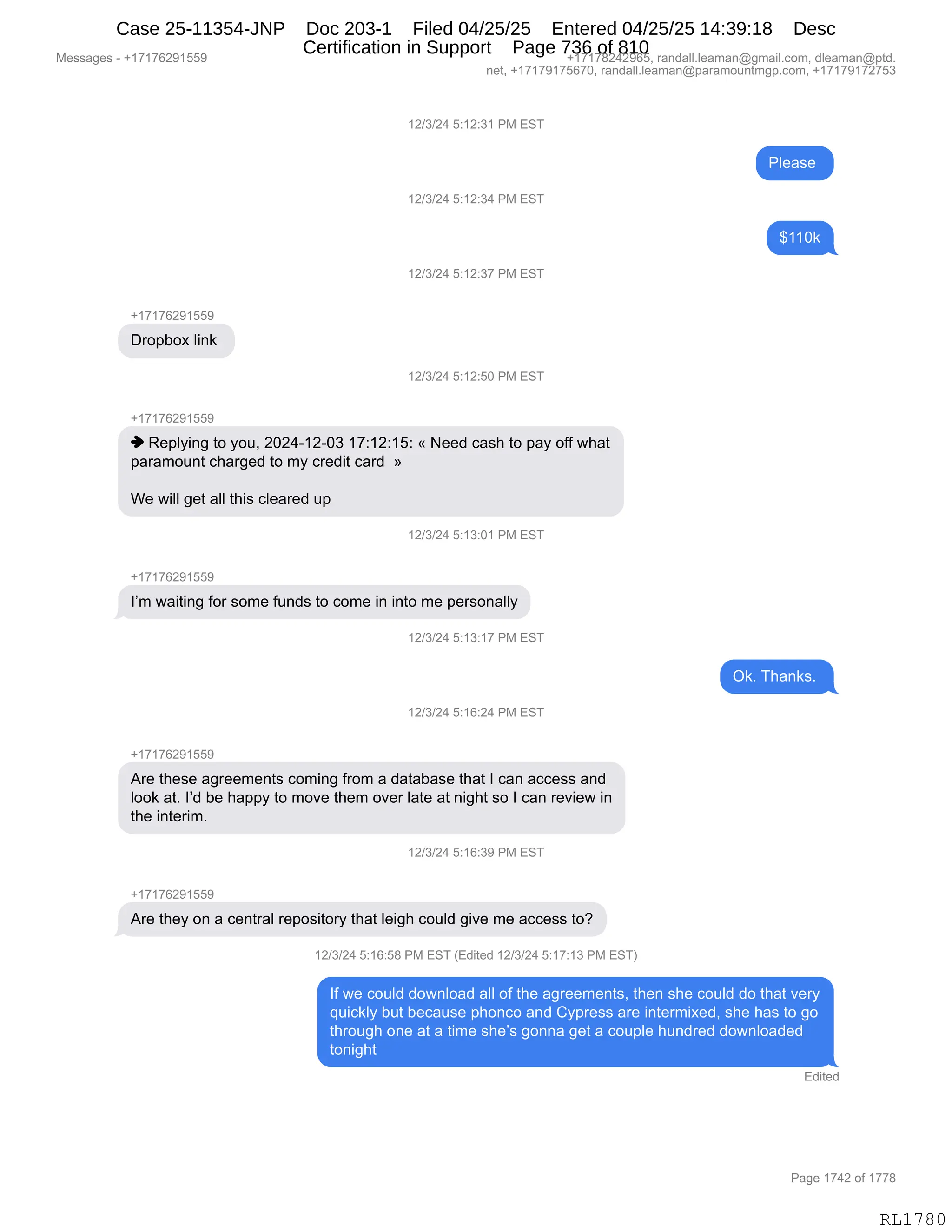 Daryl Heller Bankruptcy Court Filing (text messages and transcripts)