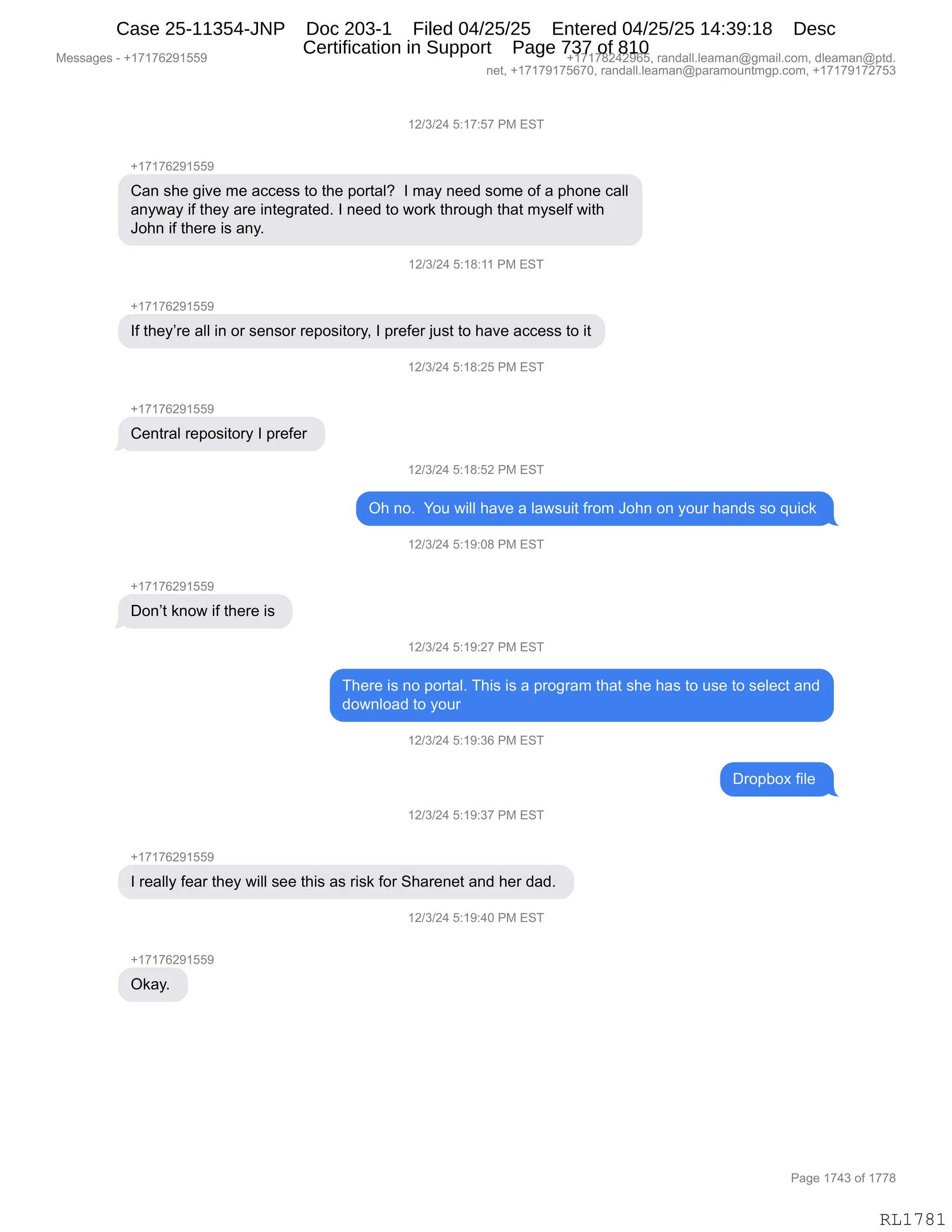 Daryl Heller Bankruptcy Court Filing (text messages and transcripts)