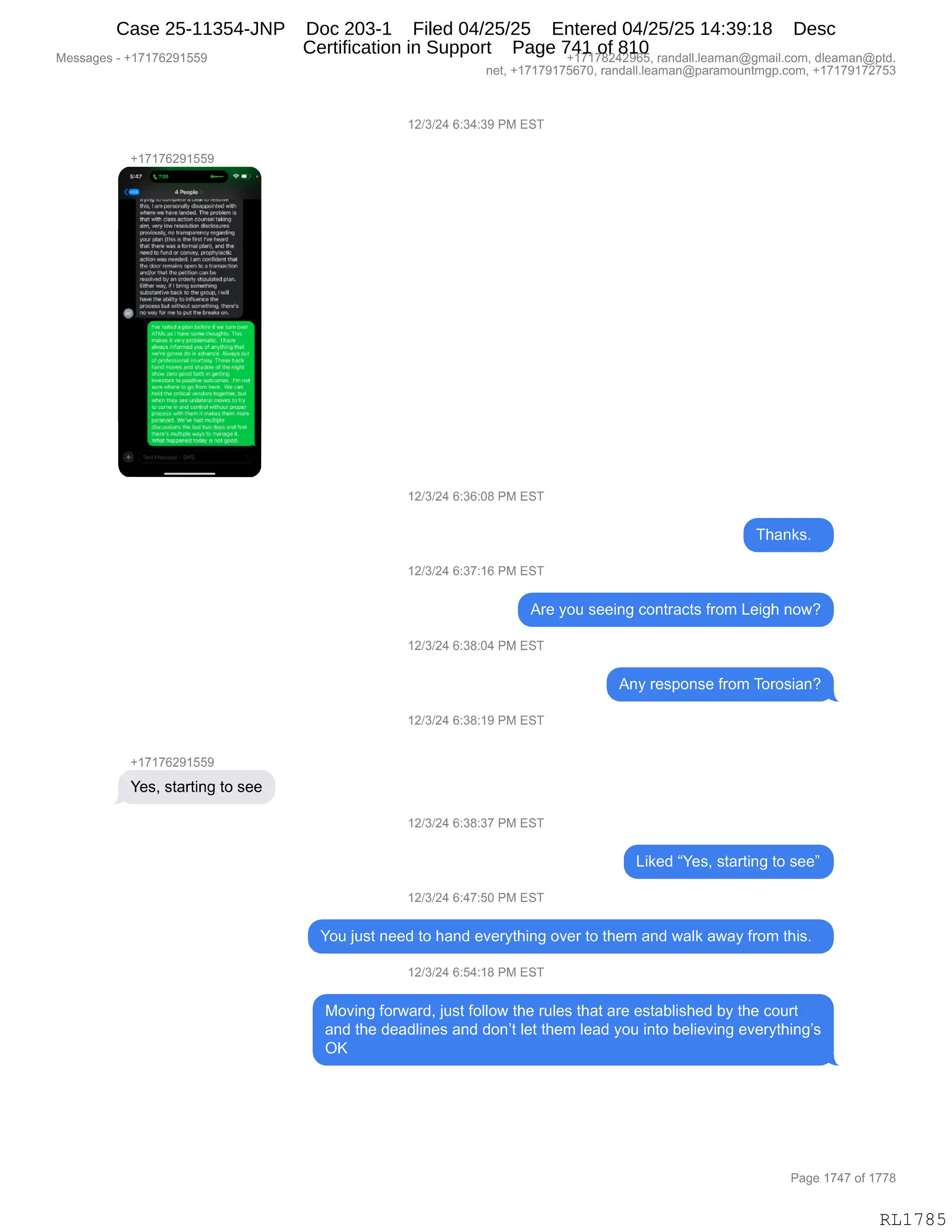 Daryl Heller Bankruptcy Court Filing (text messages and transcripts)