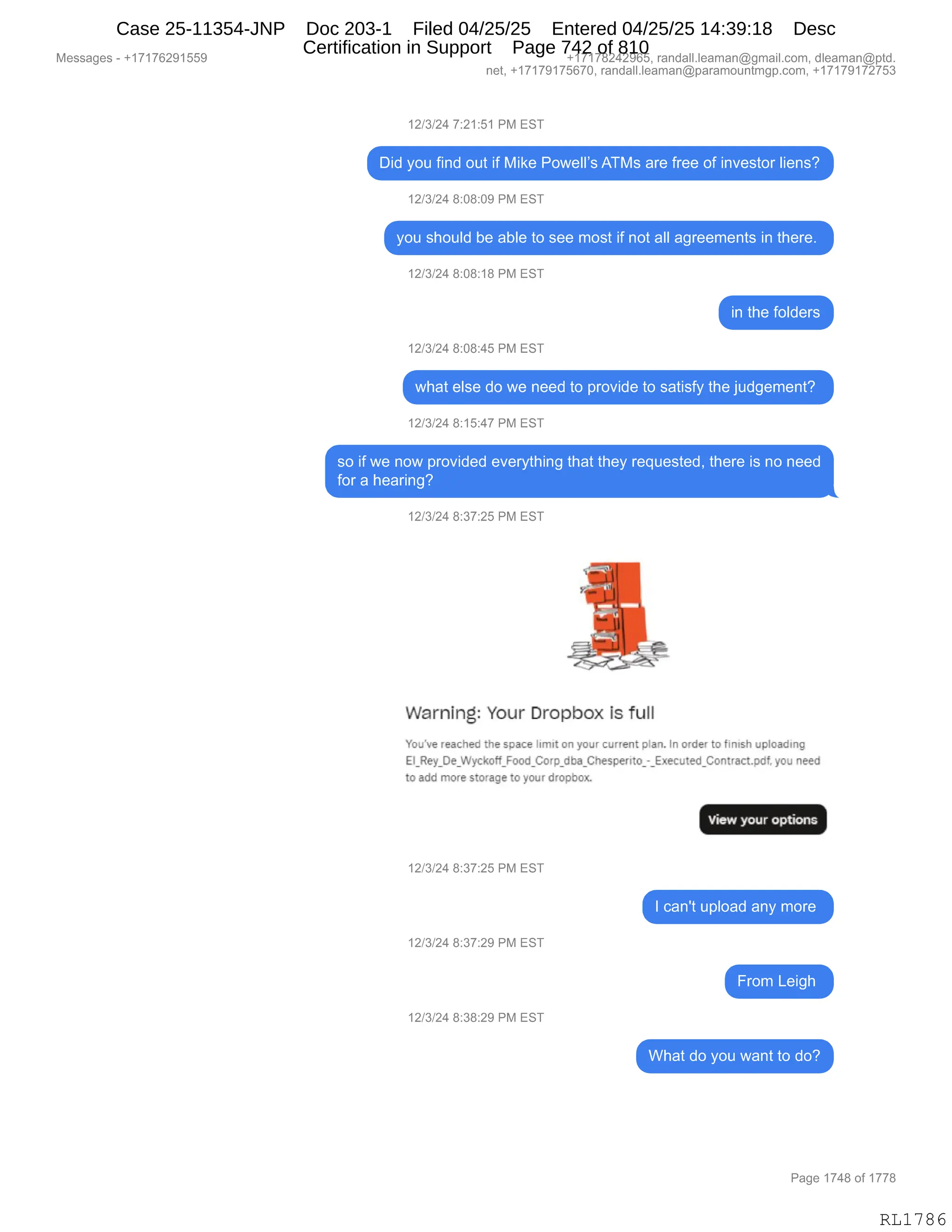 Daryl Heller Bankruptcy Court Filing (text messages and transcripts)