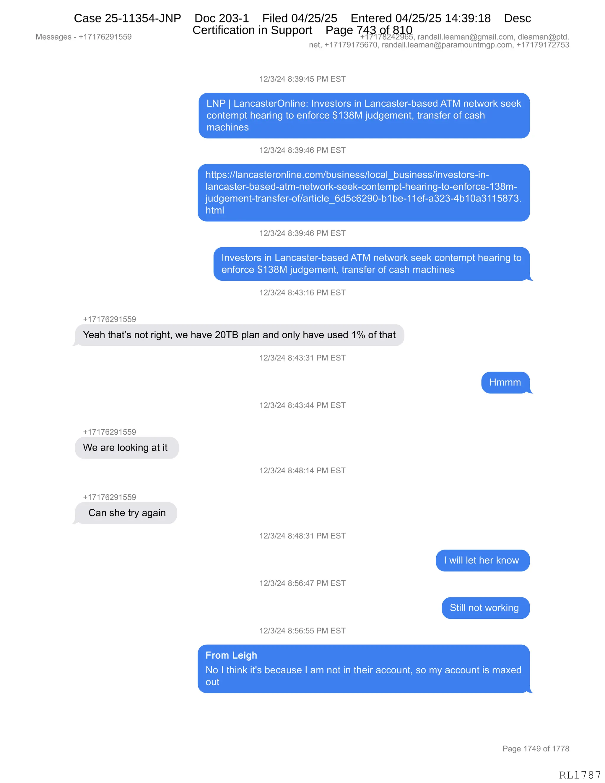 Daryl Heller Bankruptcy Court Filing (text messages and transcripts)