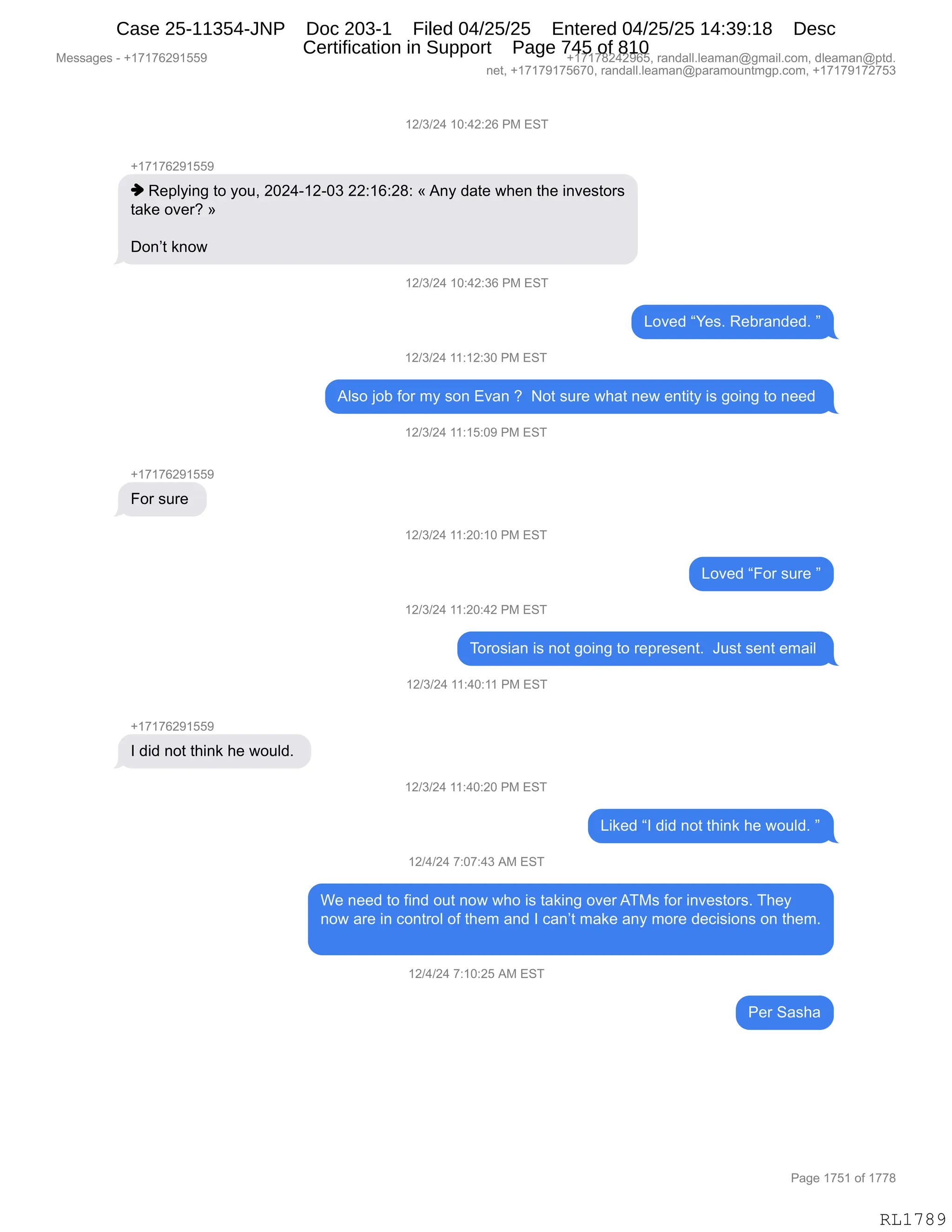 Daryl Heller Bankruptcy Court Filing (text messages and transcripts)