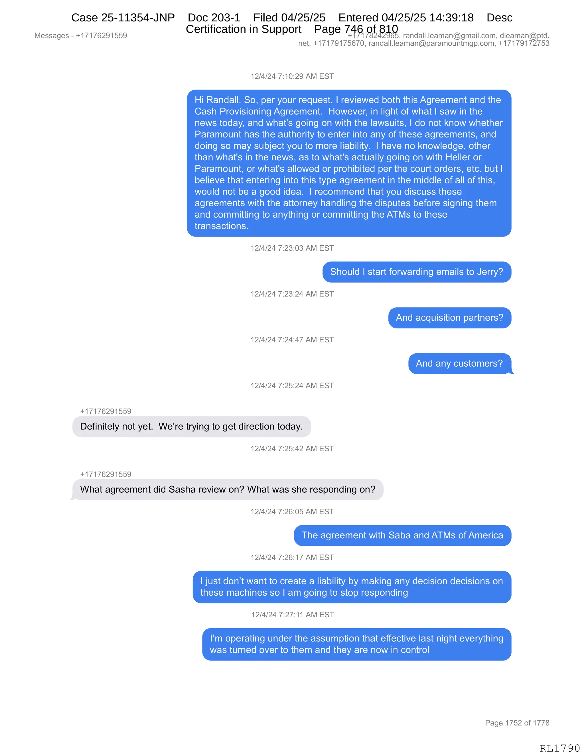 Daryl Heller Bankruptcy Court Filing (text messages and transcripts)