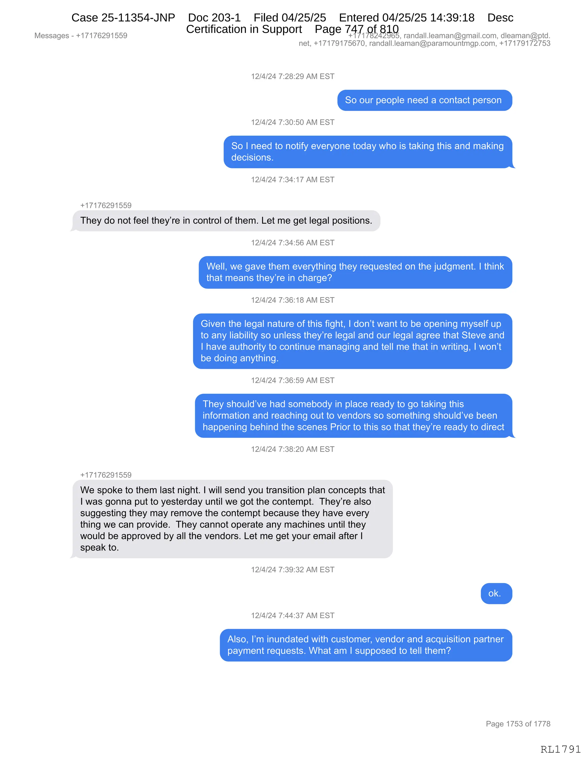 Daryl Heller Bankruptcy Court Filing (text messages and transcripts)