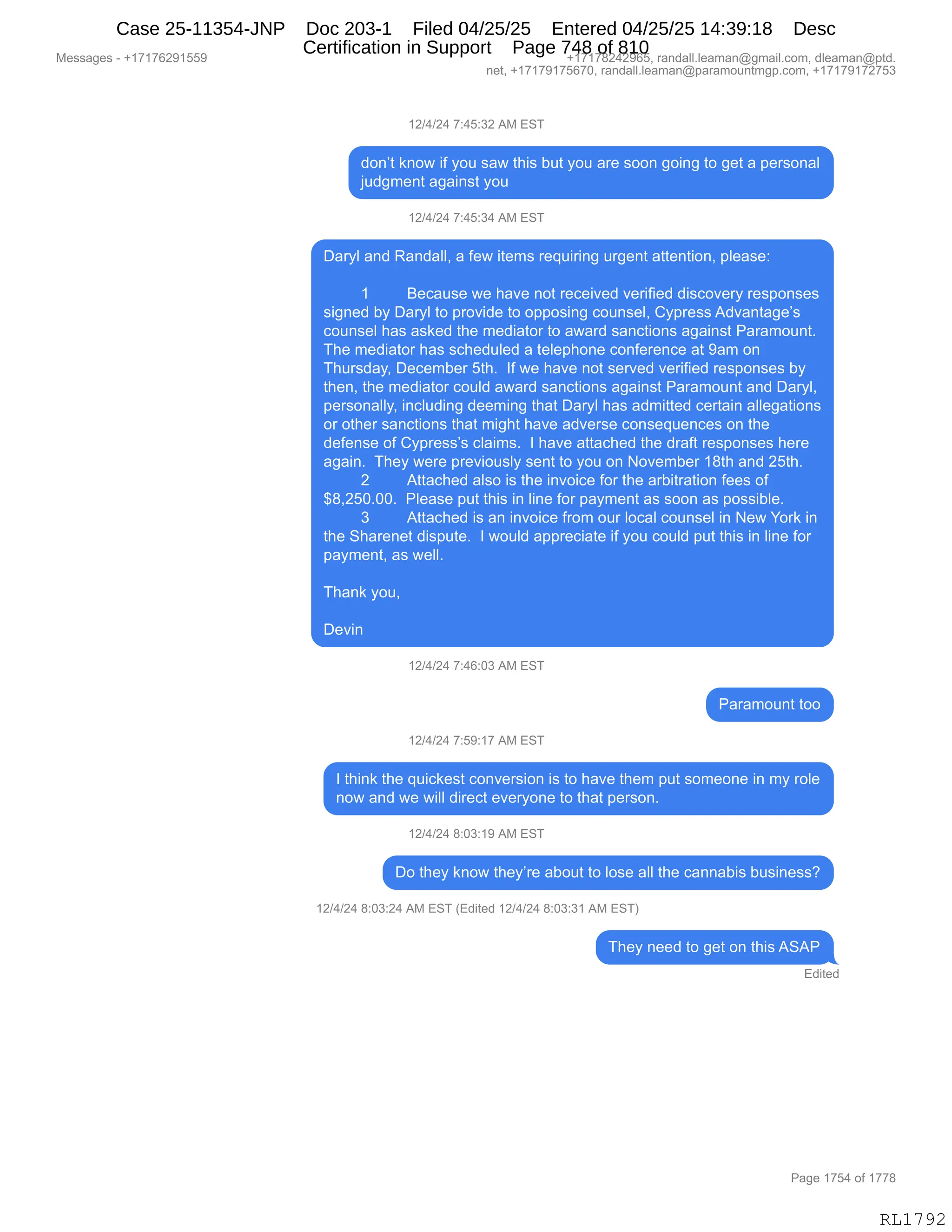 Daryl Heller Bankruptcy Court Filing (text messages and transcripts)