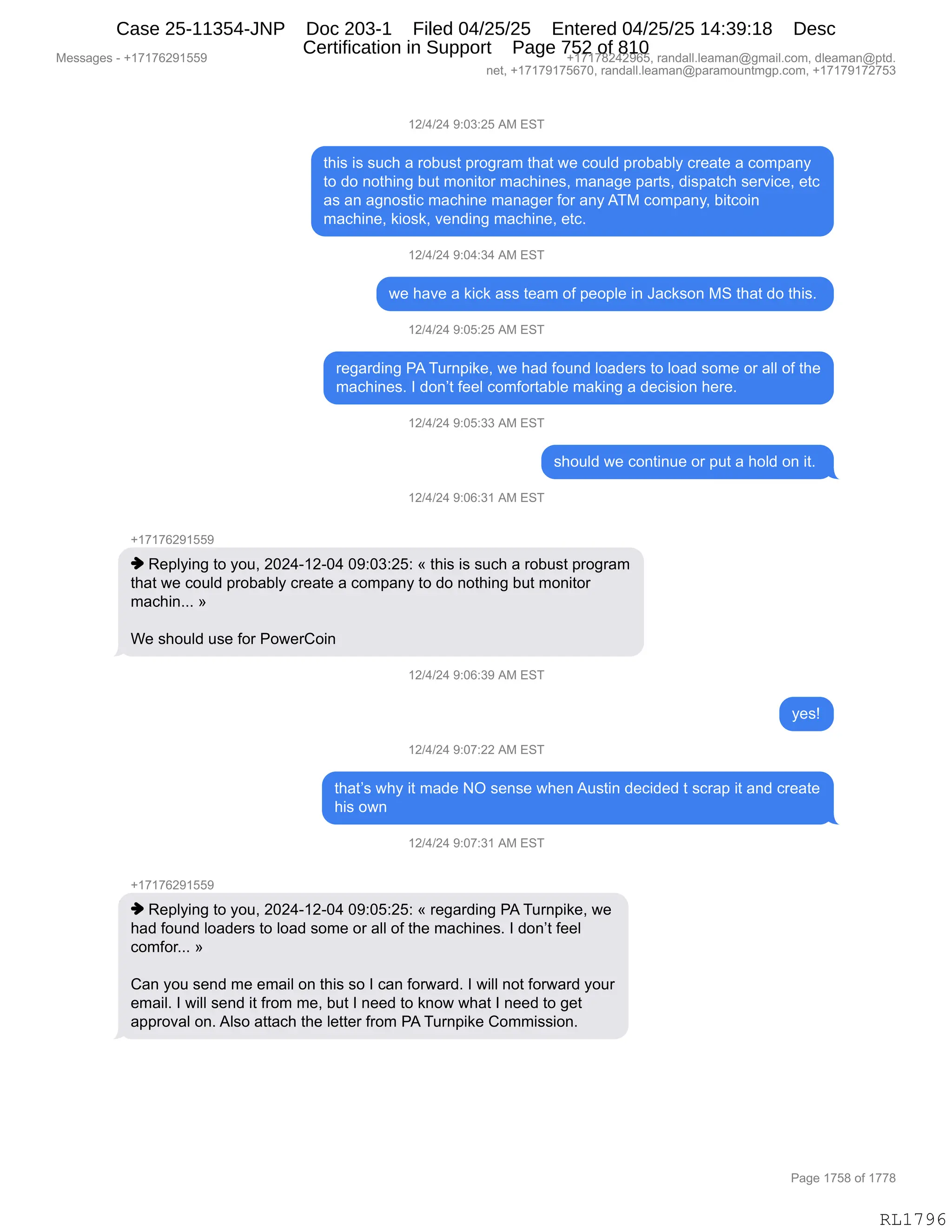 Daryl Heller Bankruptcy Court Filing (text messages and transcripts)