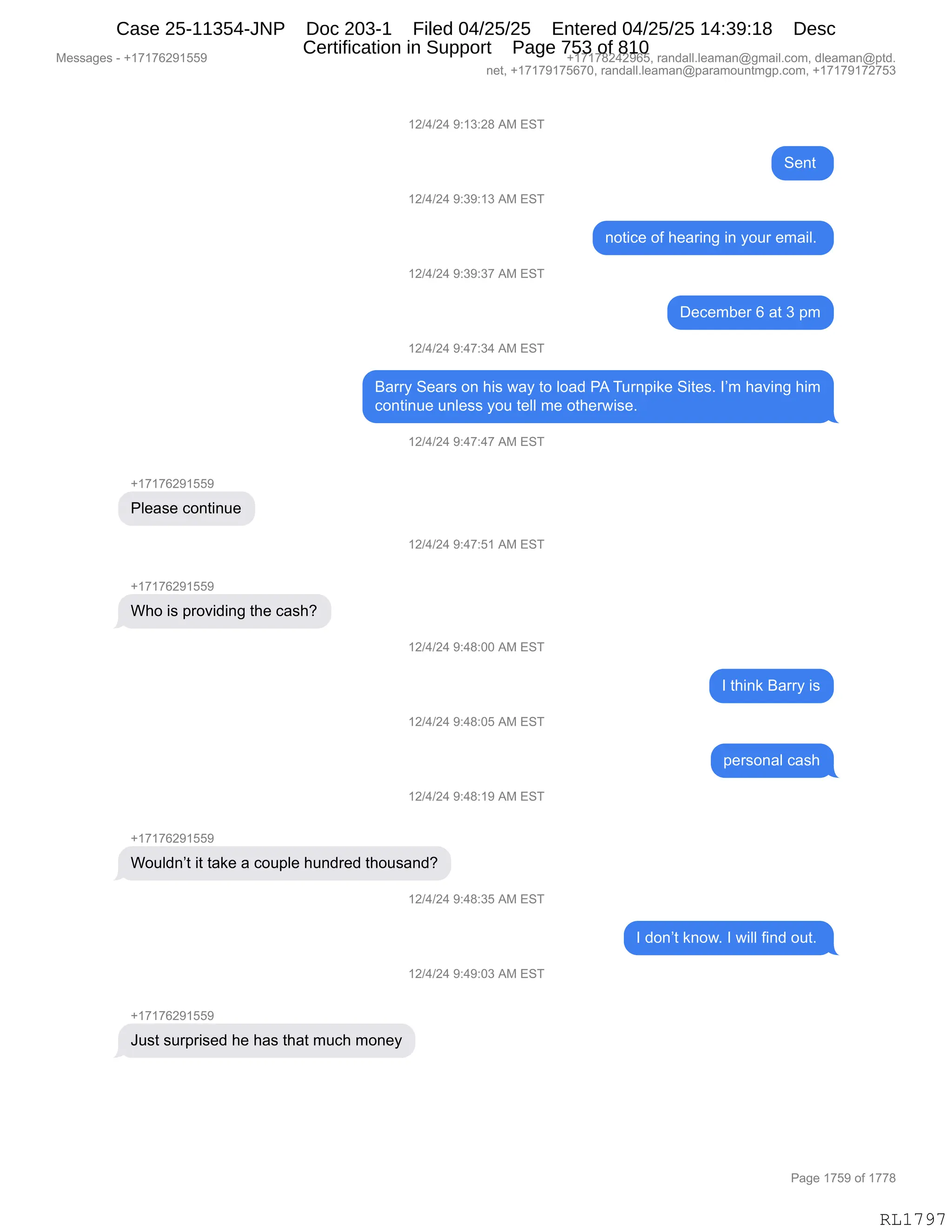 Daryl Heller Bankruptcy Court Filing (text messages and transcripts)