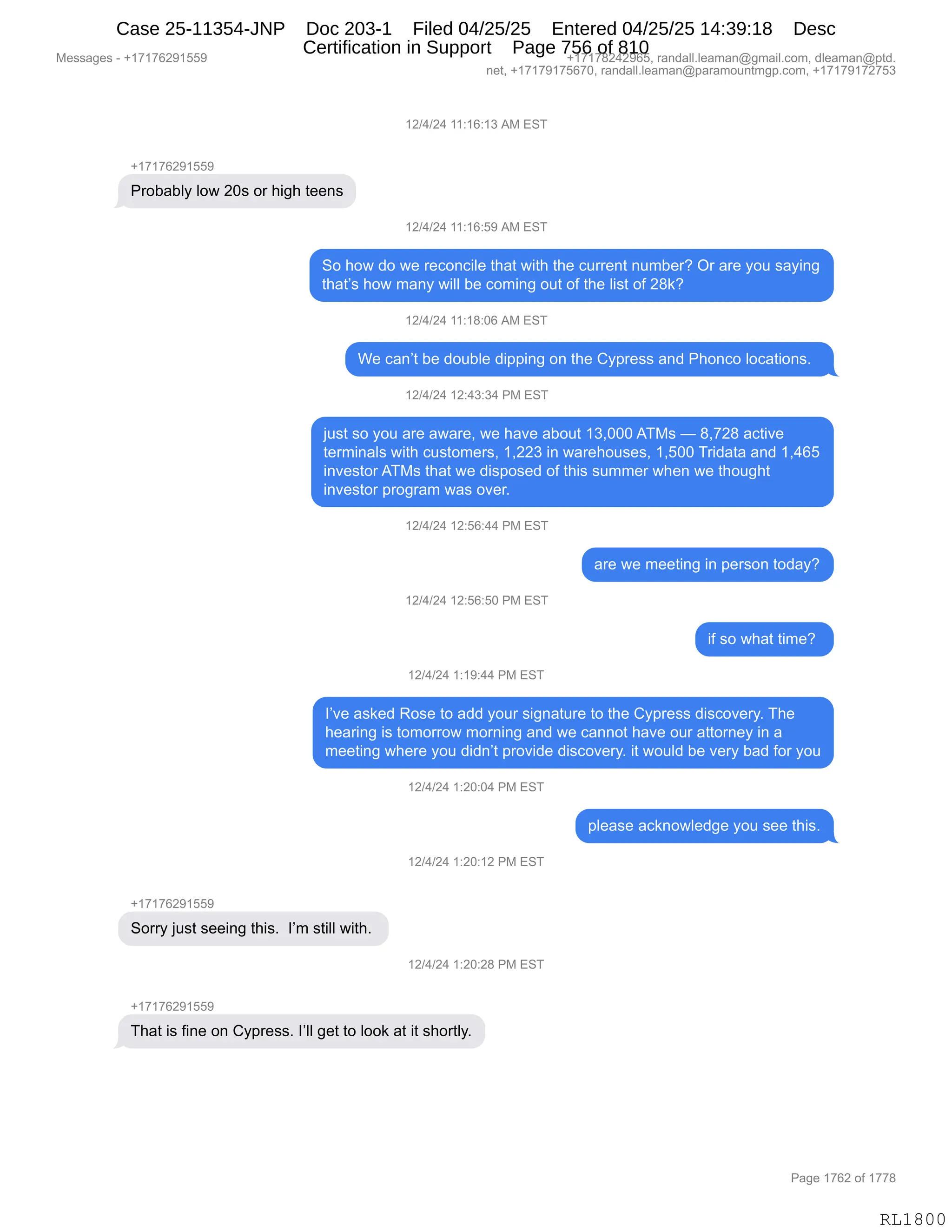 Daryl Heller Bankruptcy Court Filing (text messages and transcripts)