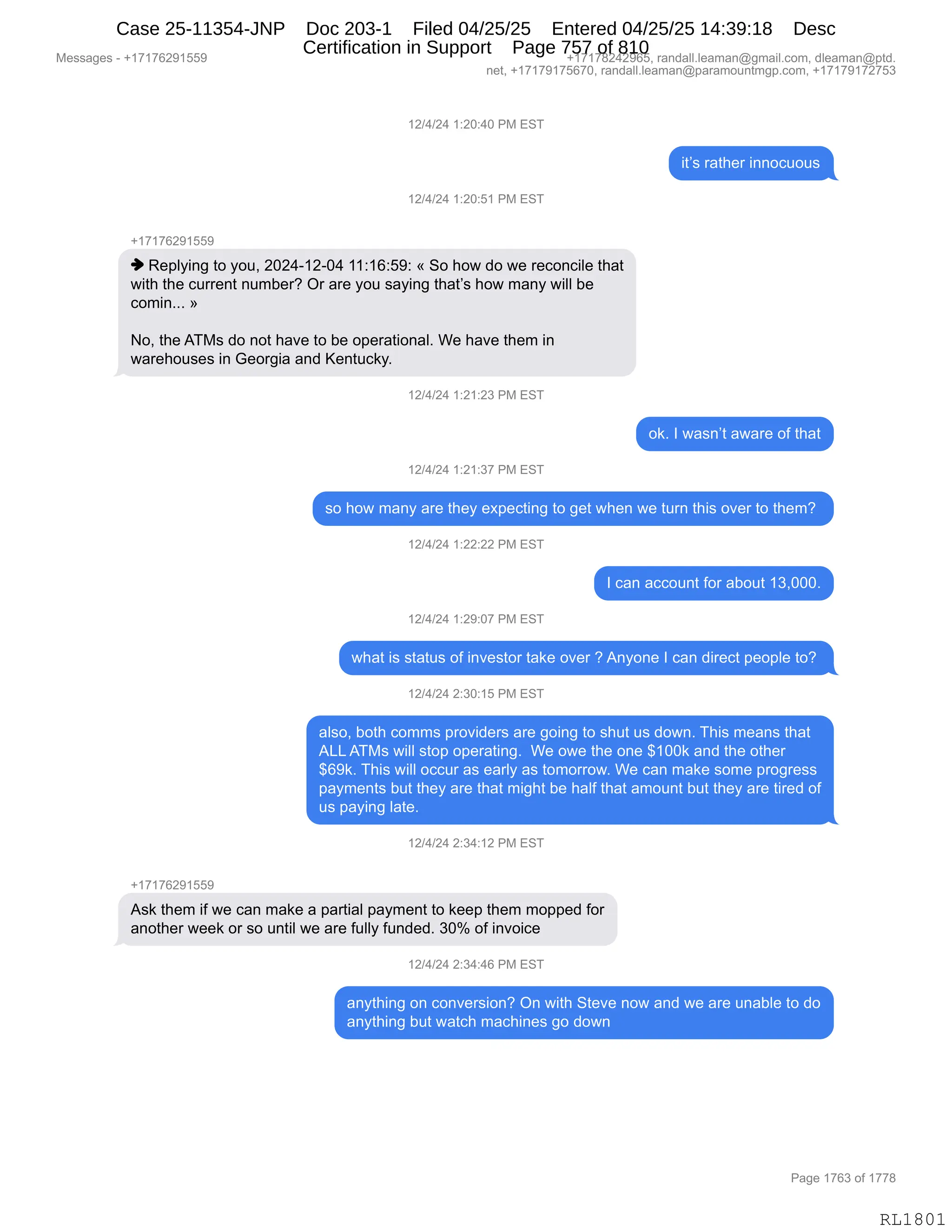 Daryl Heller Bankruptcy Court Filing (text messages and transcripts)