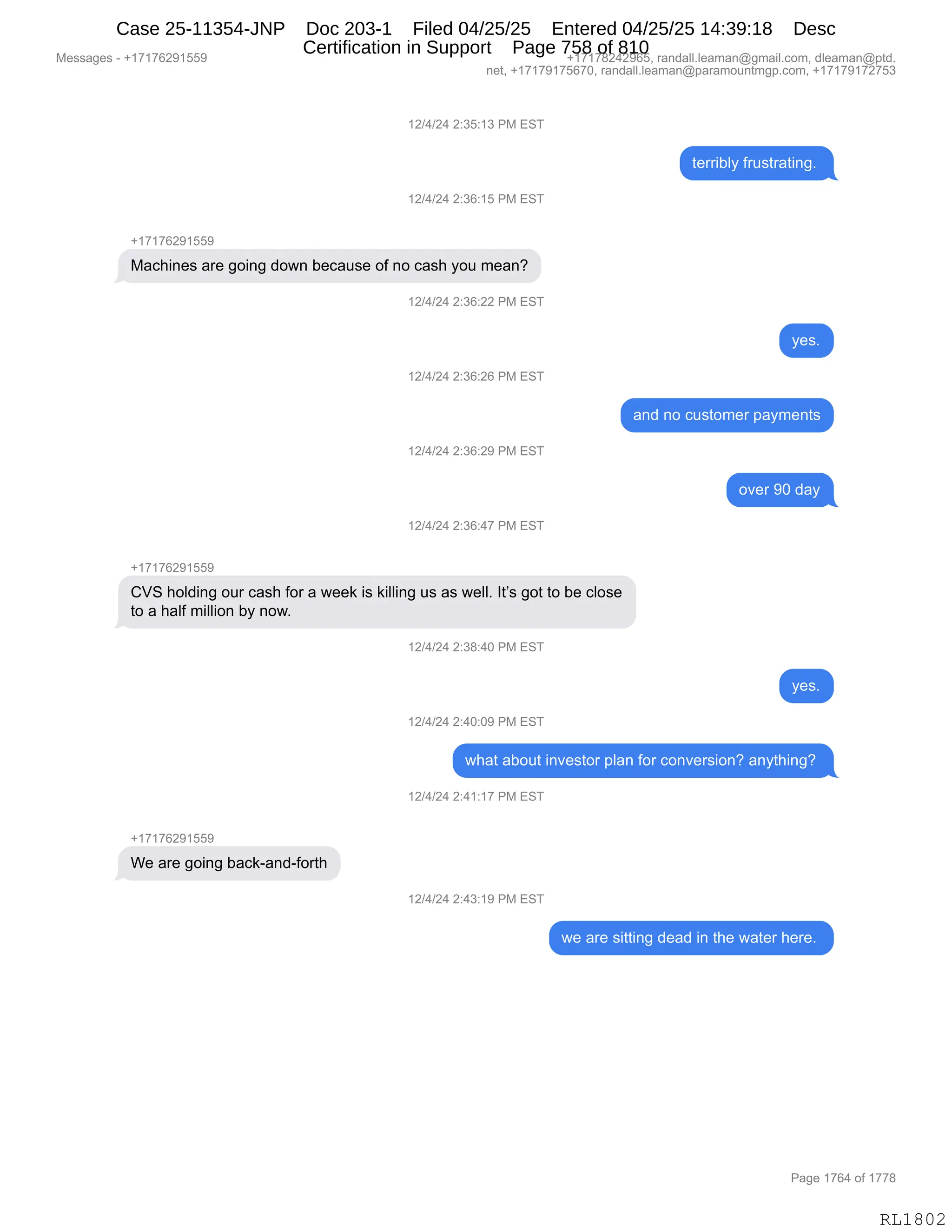 Daryl Heller Bankruptcy Court Filing (text messages and transcripts)