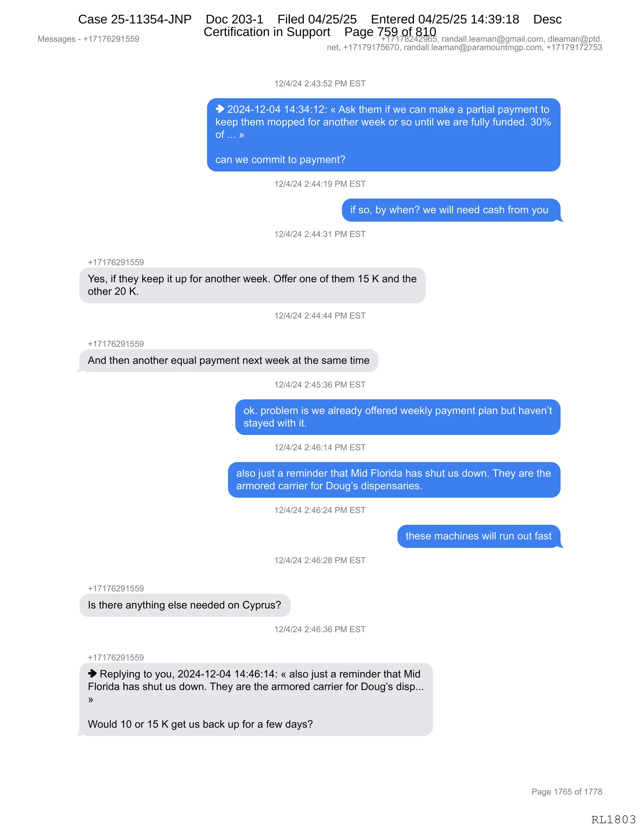 Daryl Heller Bankruptcy Court Filing (text messages and transcripts)