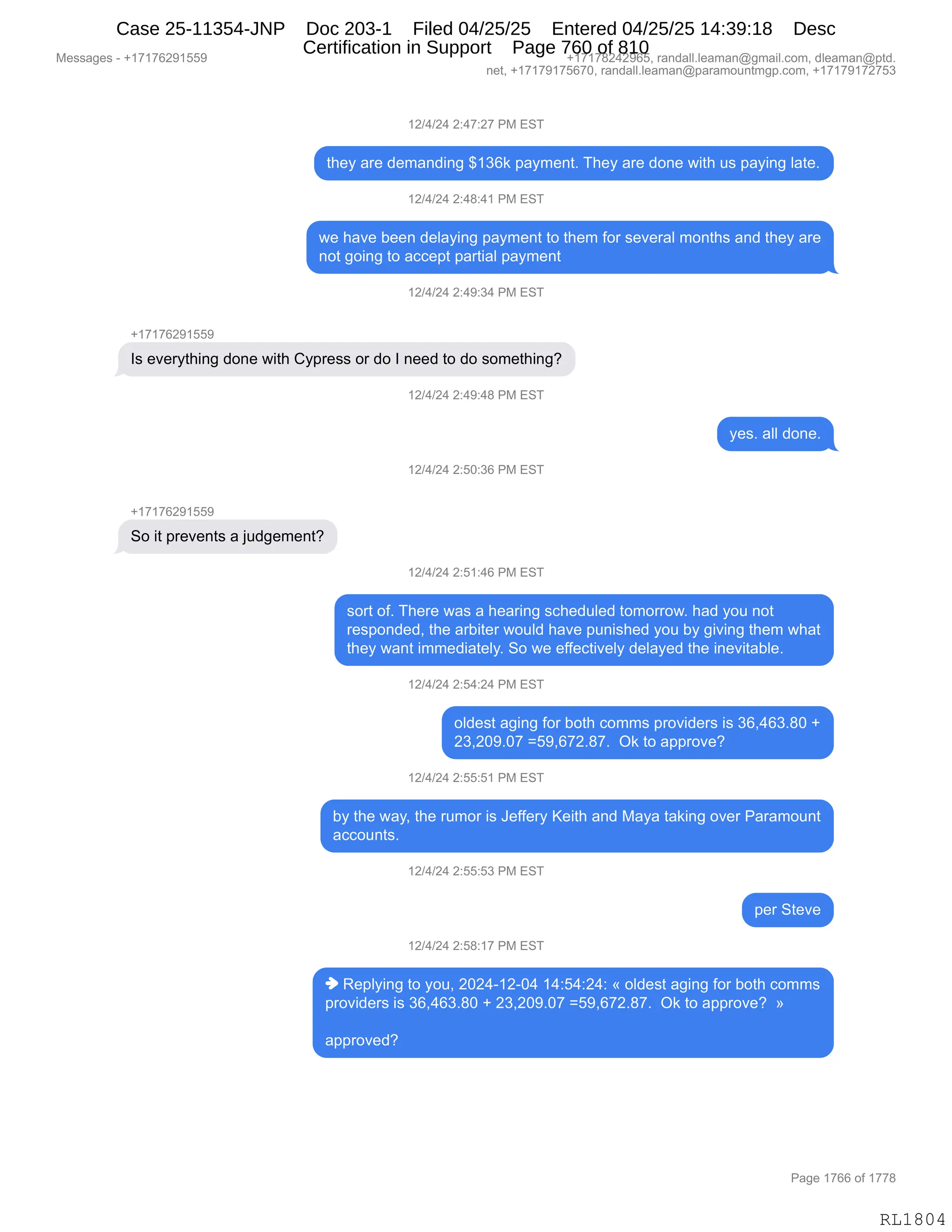 Daryl Heller Bankruptcy Court Filing (text messages and transcripts)