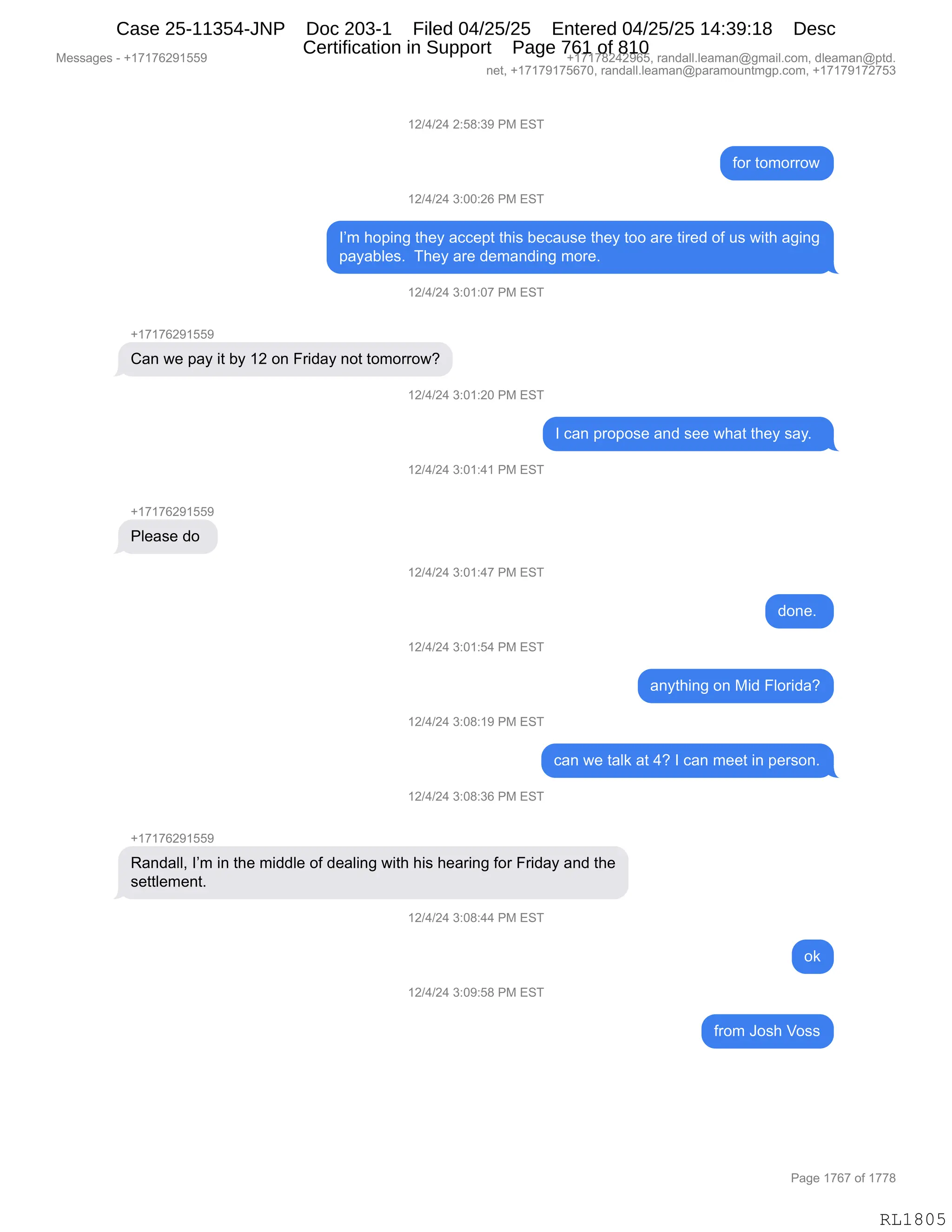 Daryl Heller Bankruptcy Court Filing (text messages and transcripts)