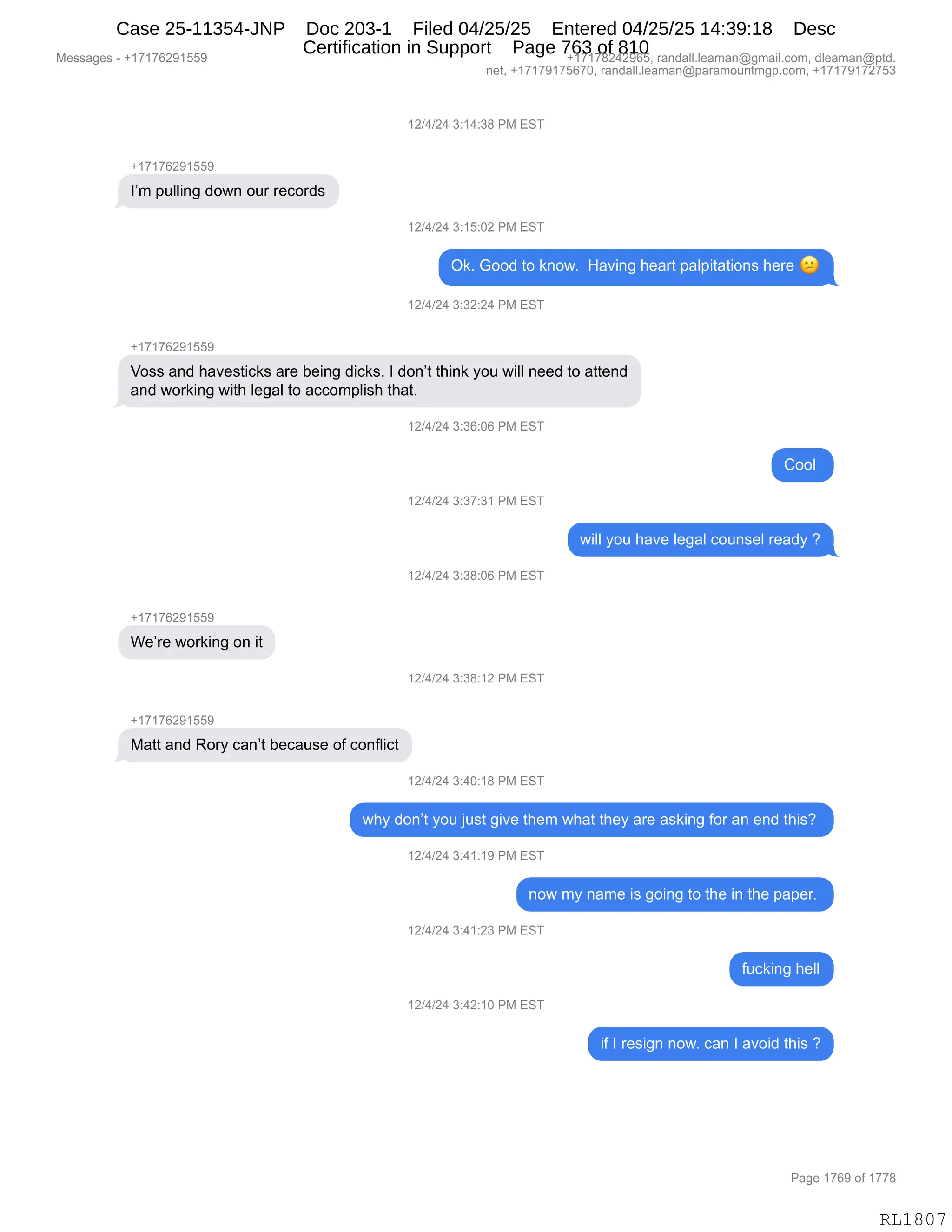 Daryl Heller Bankruptcy Court Filing (text messages and transcripts)