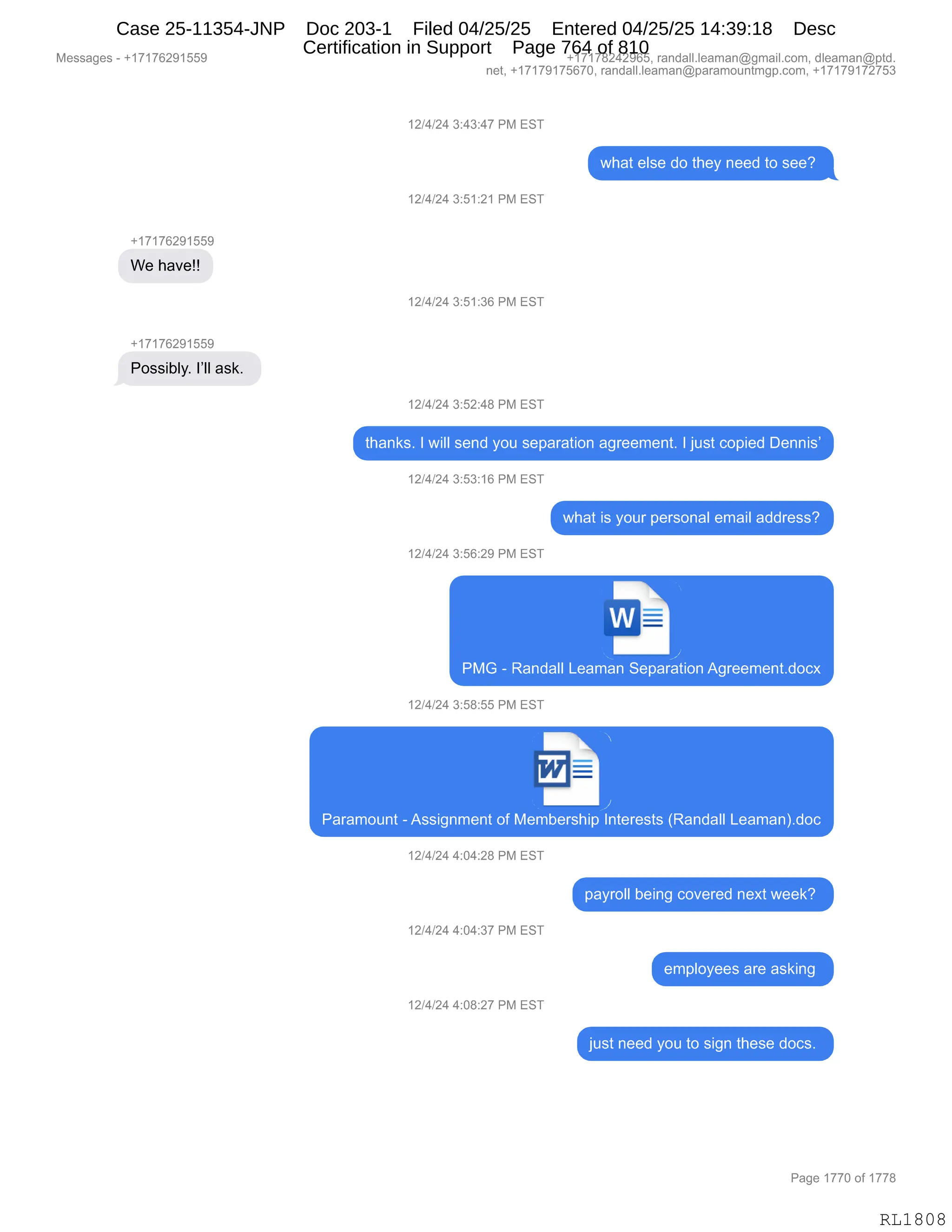 Daryl Heller Bankruptcy Court Filing (text messages and transcripts)