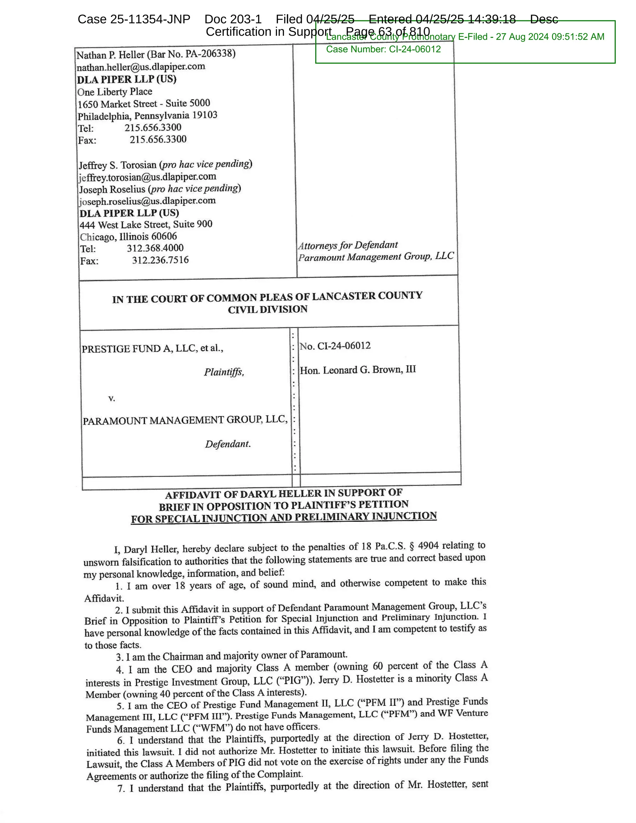 Lancaster County Prothonotary E-Filed - 27 Aug 2024 09:51:52 AM
Case Number: CI-24-06012
Case 25-11354-JNP Doc 203-1 Filed 04/25/25 Entered 04/25/25 14:39:18 Desc
Certification in Support Page 63 of 810
 