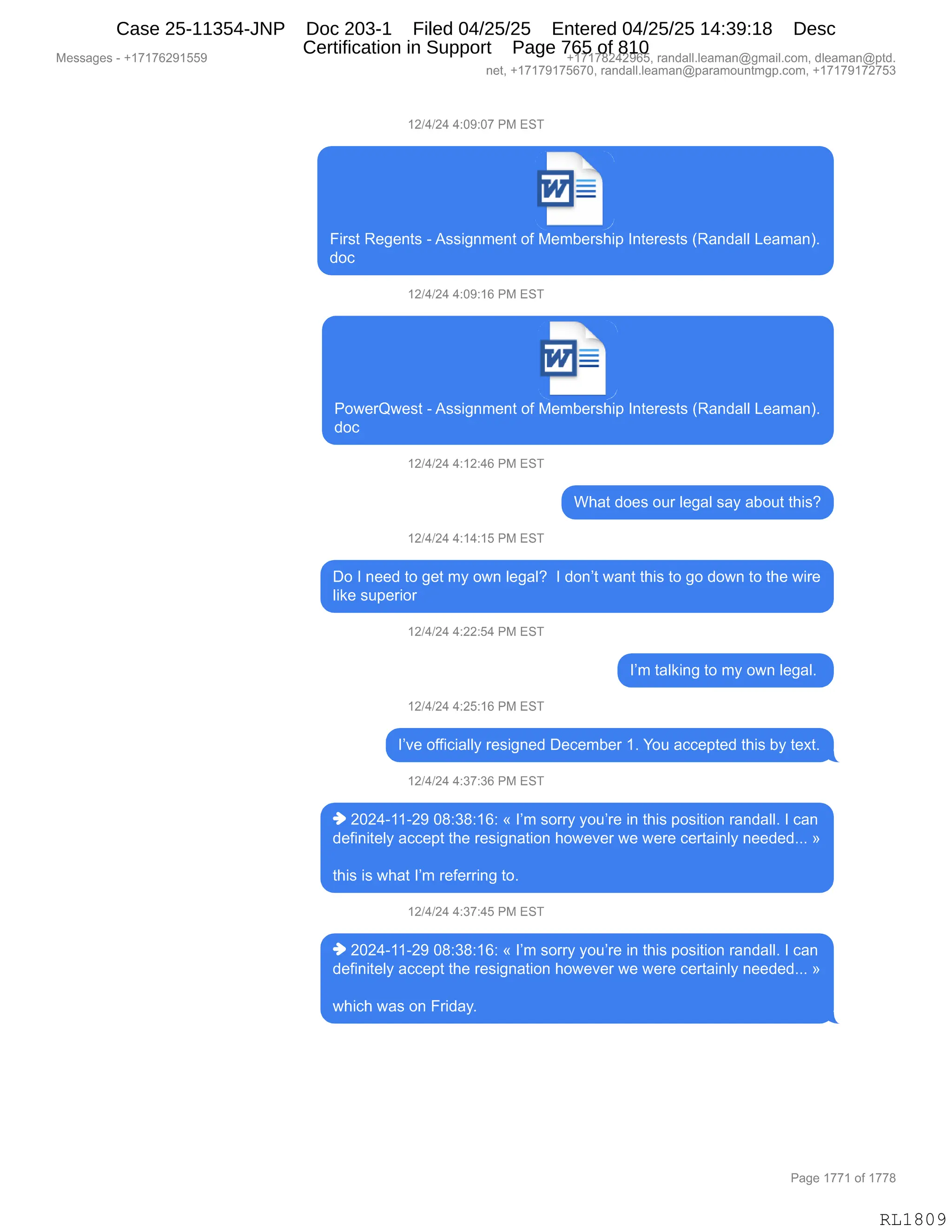 Daryl Heller Bankruptcy Court Filing (text messages and transcripts)