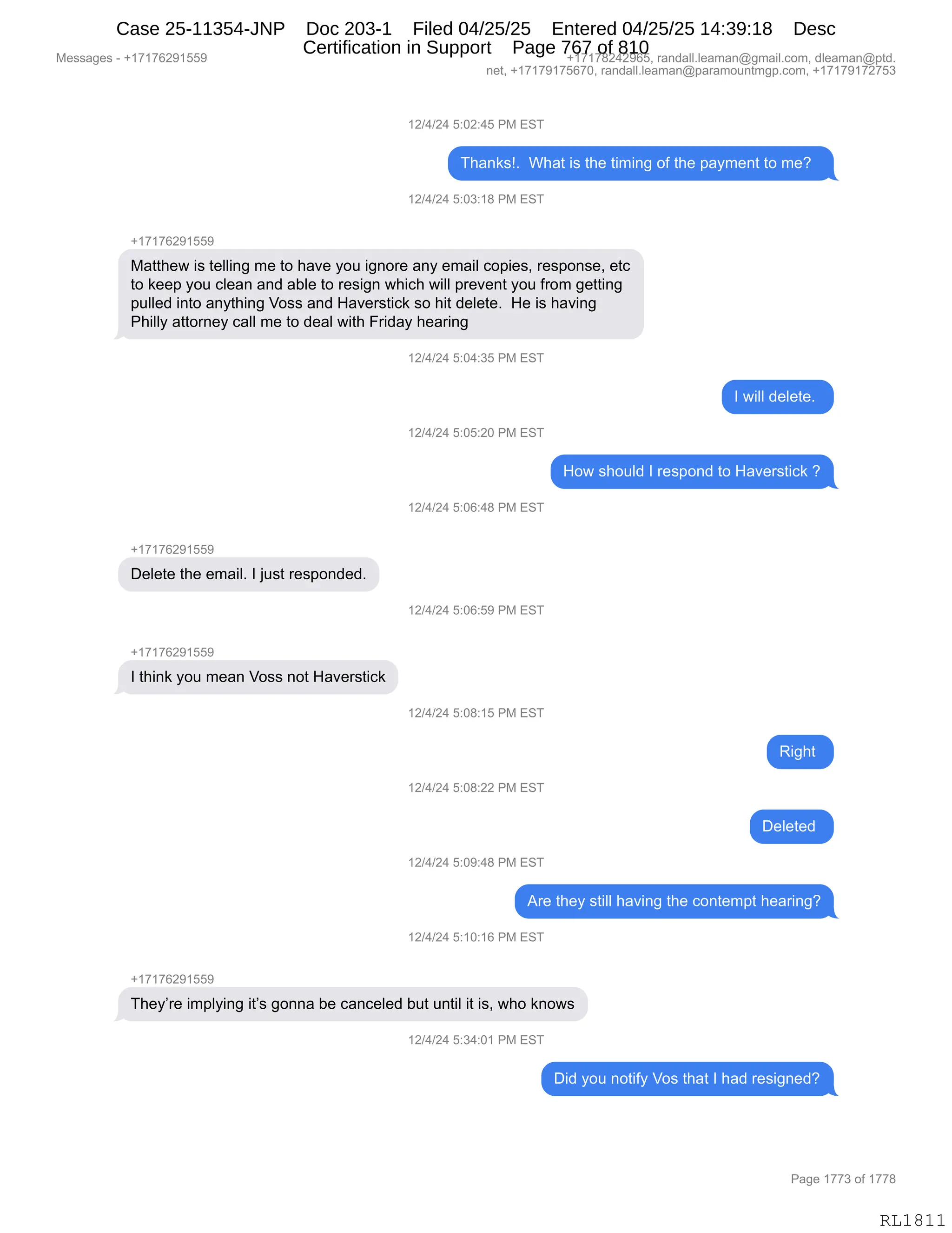 Daryl Heller Bankruptcy Court Filing (text messages and transcripts)