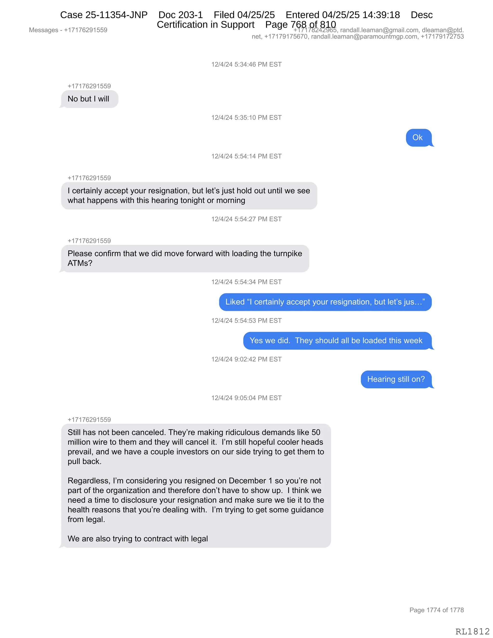 Daryl Heller Bankruptcy Court Filing (text messages and transcripts)