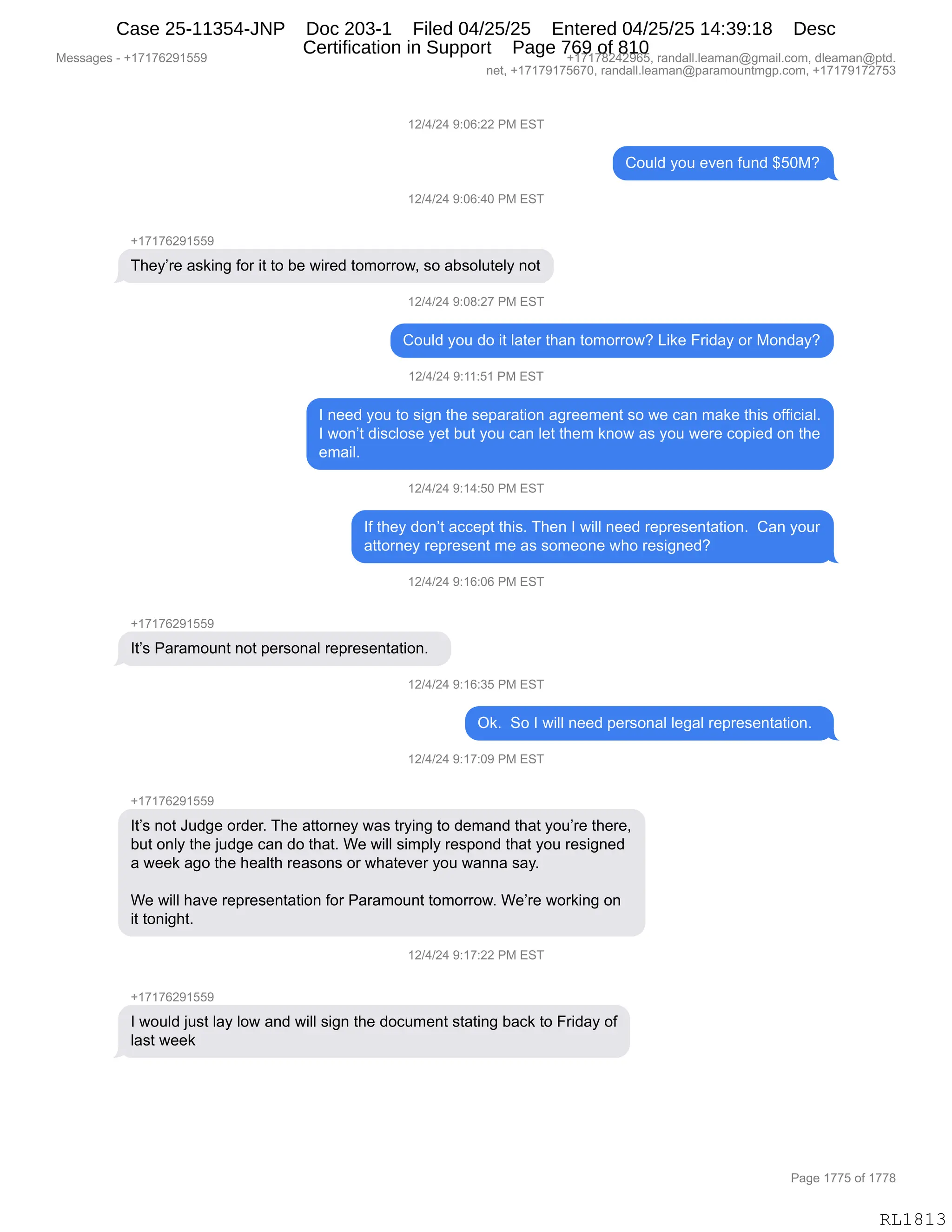 Daryl Heller Bankruptcy Court Filing (text messages and transcripts)