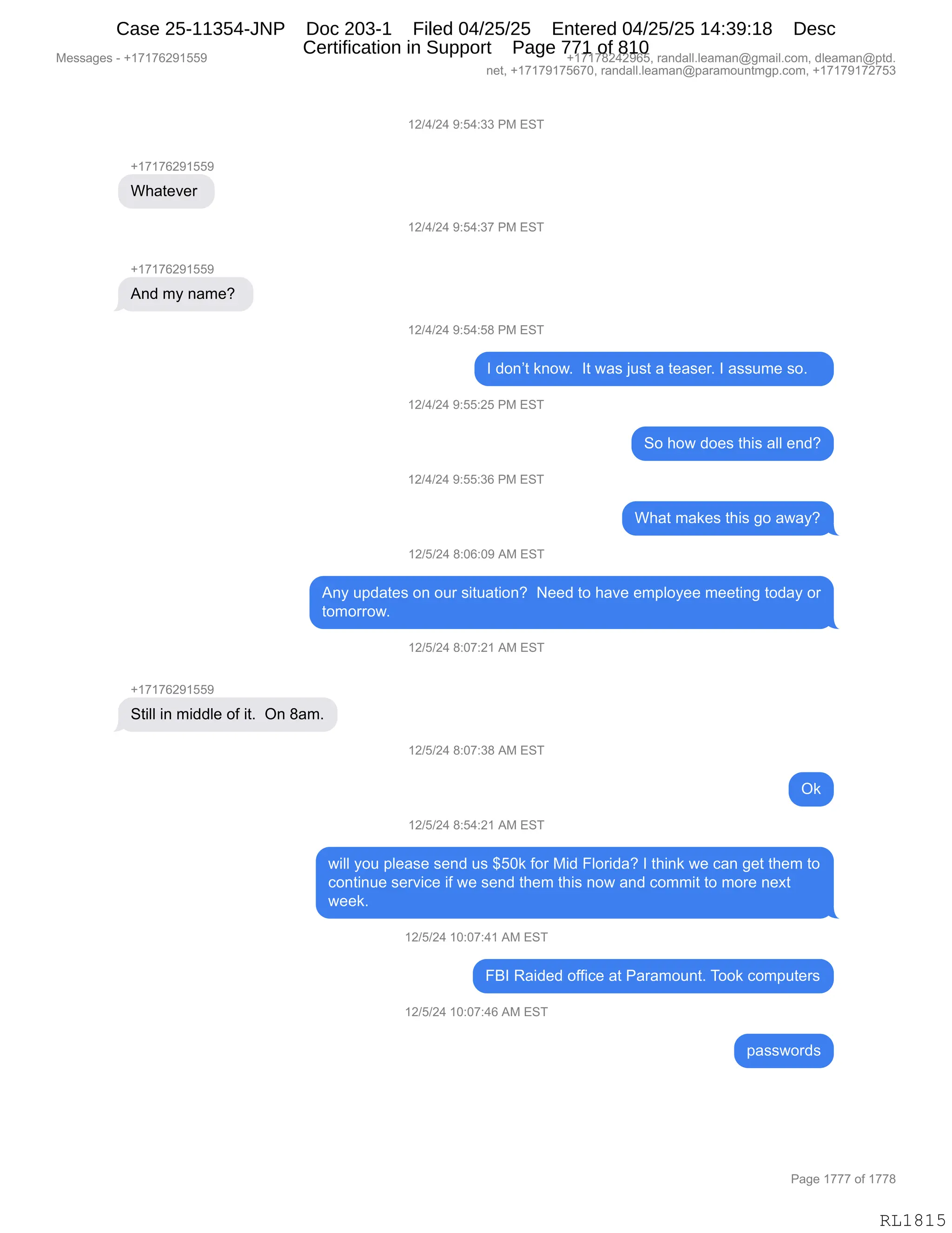 Daryl Heller Bankruptcy Court Filing (text messages and transcripts)