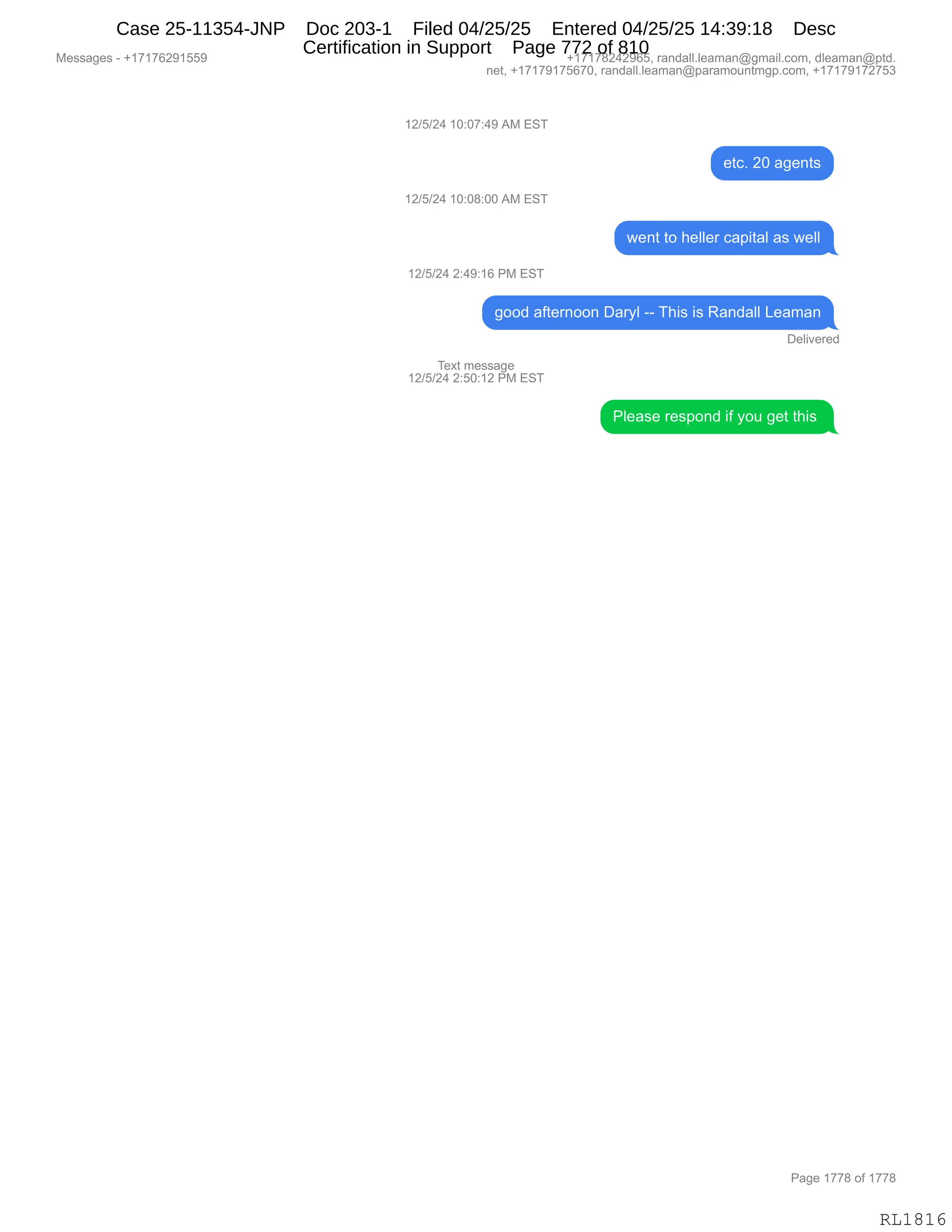 Daryl Heller Bankruptcy Court Filing (text messages and transcripts)