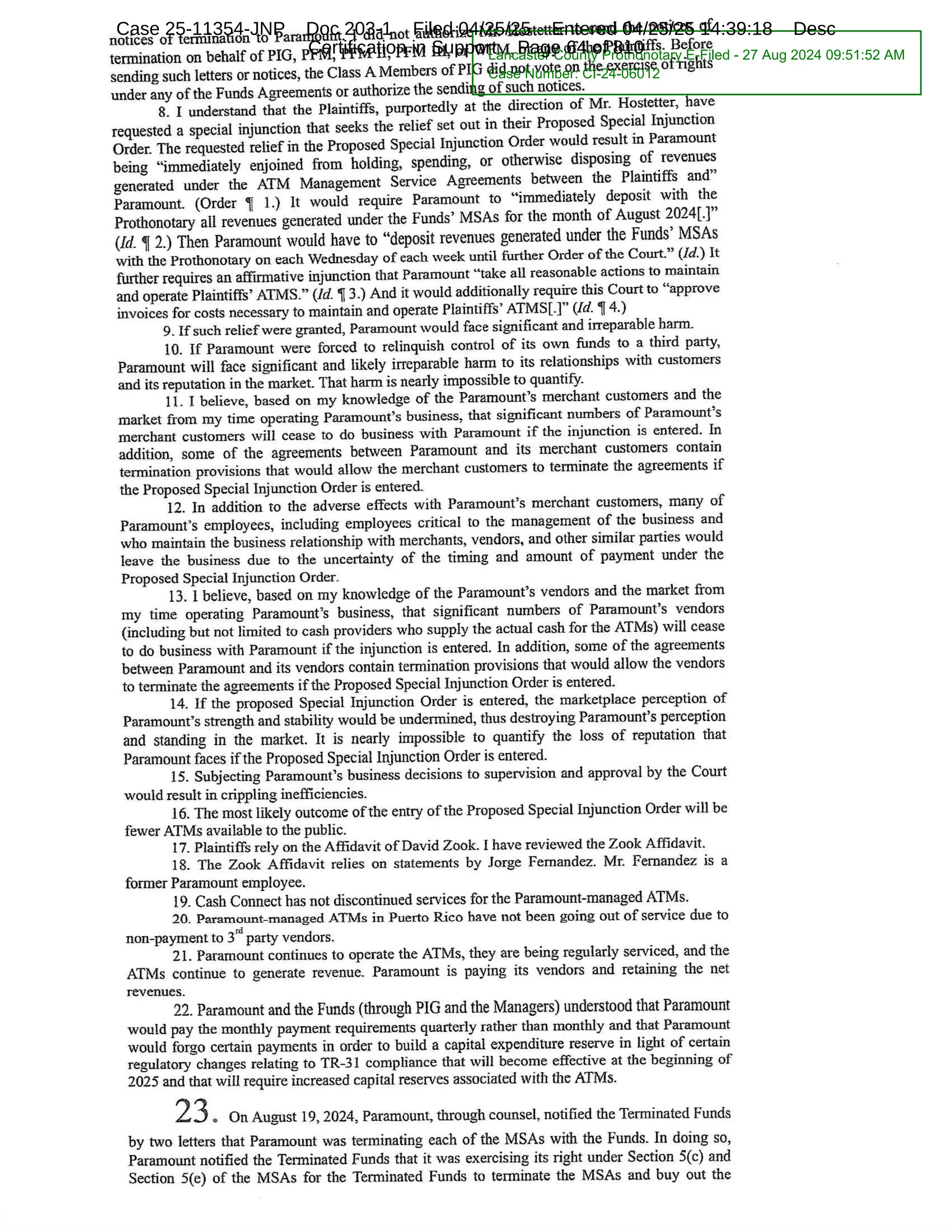 Lancaster County Prothonotary E-Filed - 27 Aug 2024 09:51:52 AM
Case Number: CI-24-06012
Case 25-11354-JNP Doc 203-1 Filed 04/25/25 Entered 04/25/25 14:39:18 Desc
Certification in Support Page 64 of 810
 