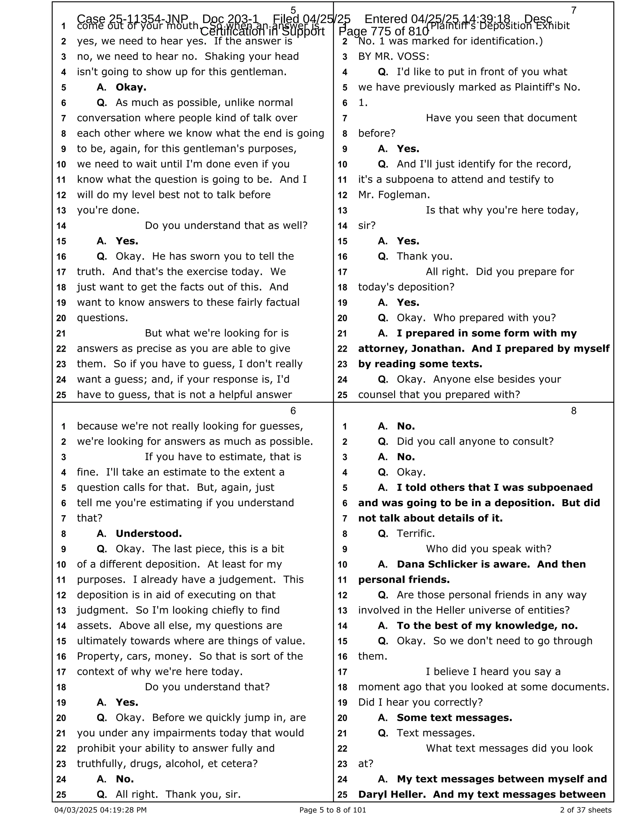 Daryl Heller Bankruptcy Court Filing (text messages and transcripts)