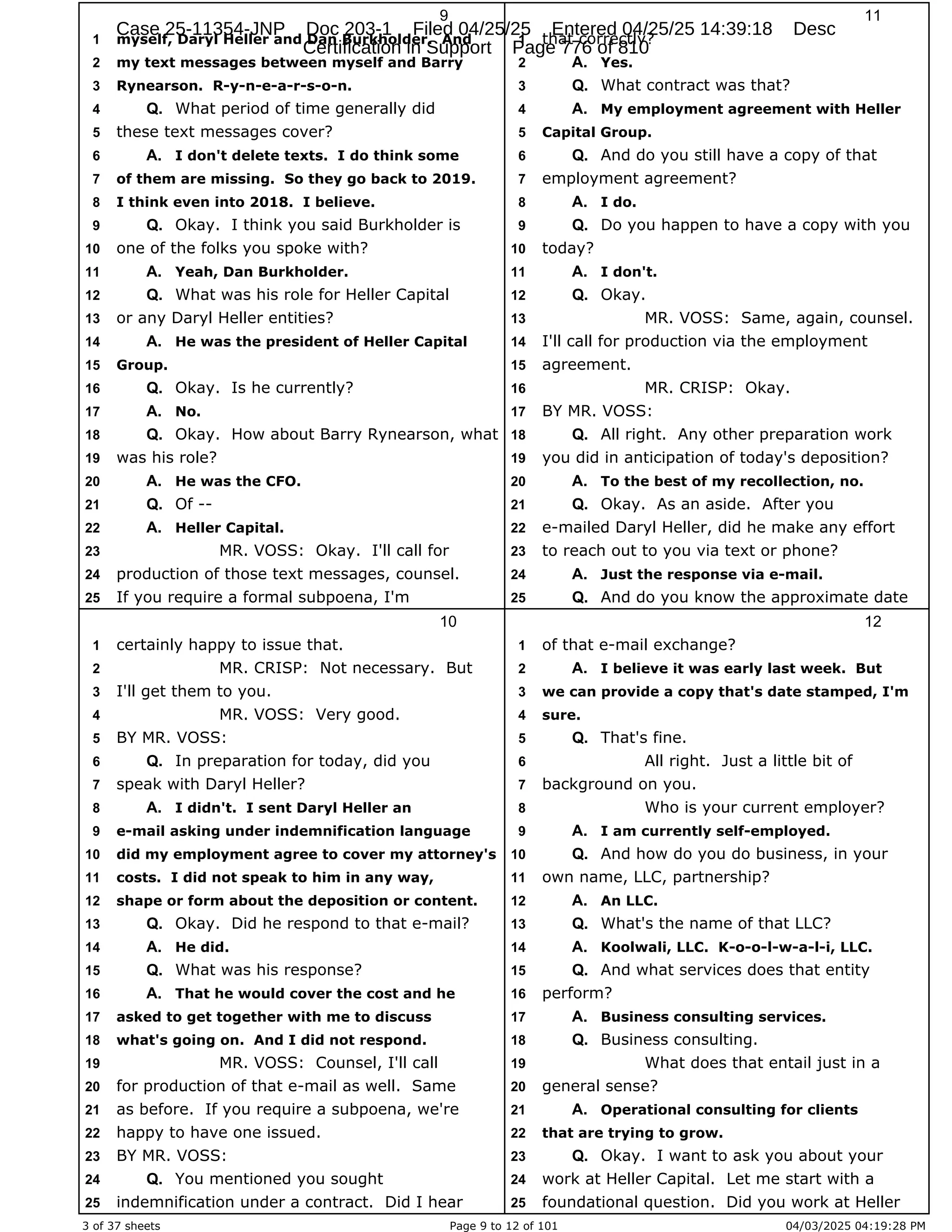 Daryl Heller Bankruptcy Court Filing (text messages and transcripts)