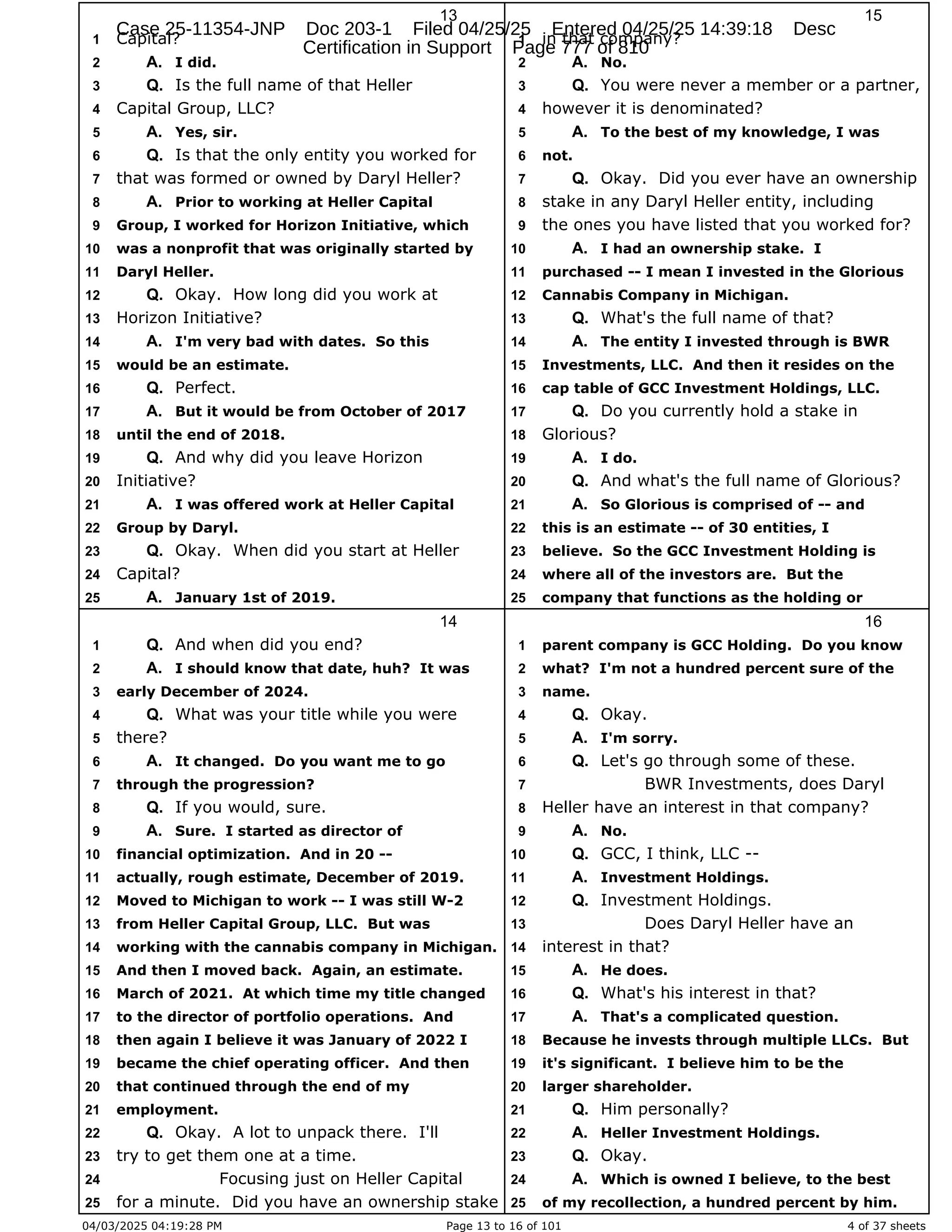 Daryl Heller Bankruptcy Court Filing (text messages and transcripts)