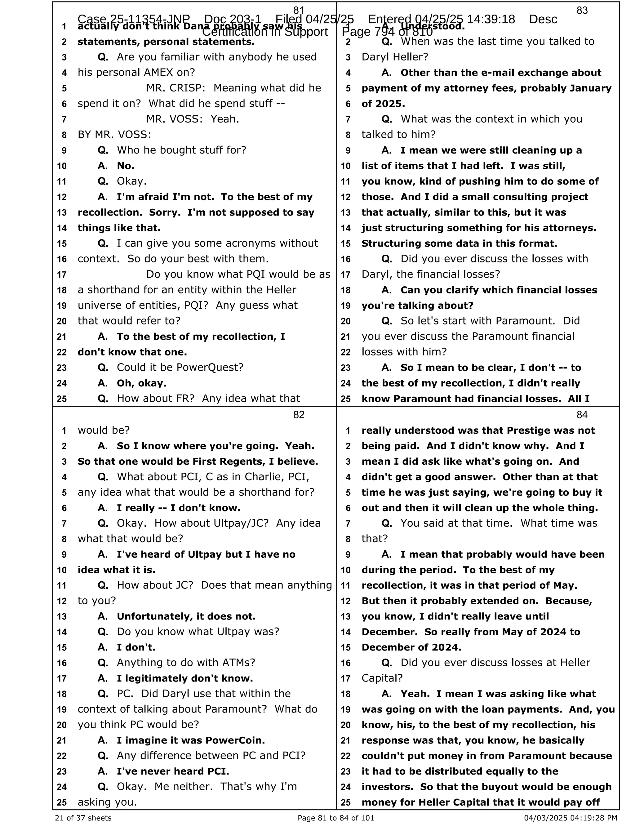 Daryl Heller Bankruptcy Court Filing (text messages and transcripts)