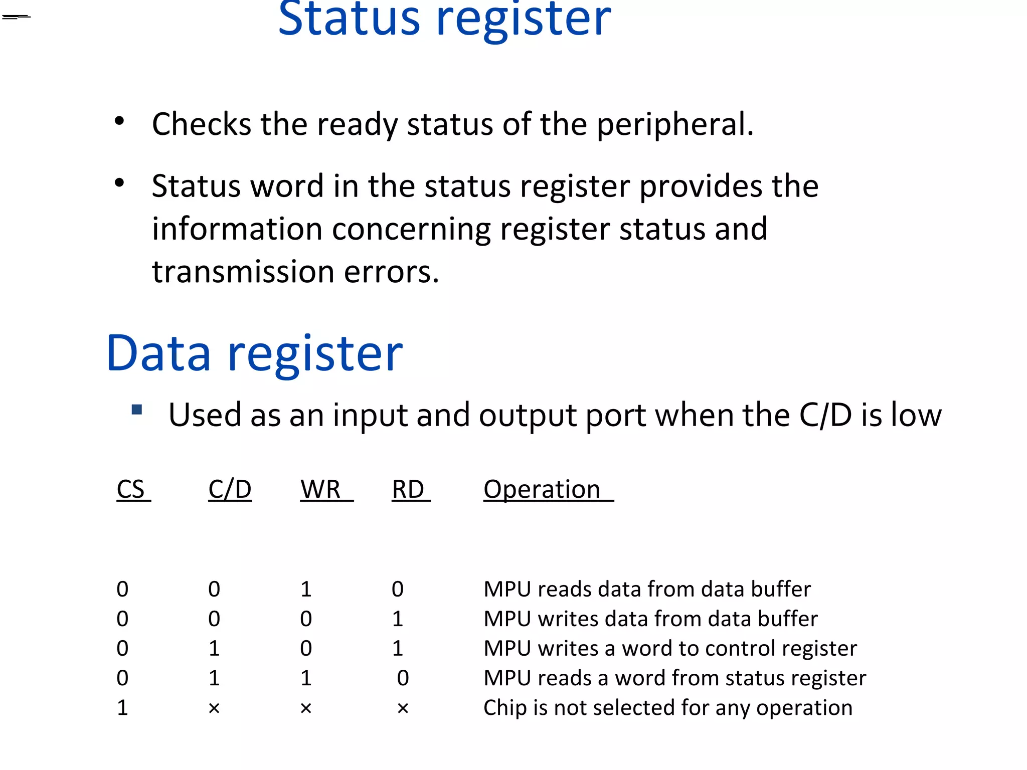 Status register
• Checks the ready status of the peripheral.
• Status word in the status register provides the
information concerning register status and
transmission errors.
Data register
 Used as an input and output port when the C/D is low
CS C/D WR RD Operation
0
0
0
0
1
0
0
1
1
×
1
0
0
1
×
0
1
1
0
×
MPU reads data from data buffer
MPU writes data from data buffer
MPU writes a word to control register
MPU reads a word from status register
Chip is not selected for any operation
 