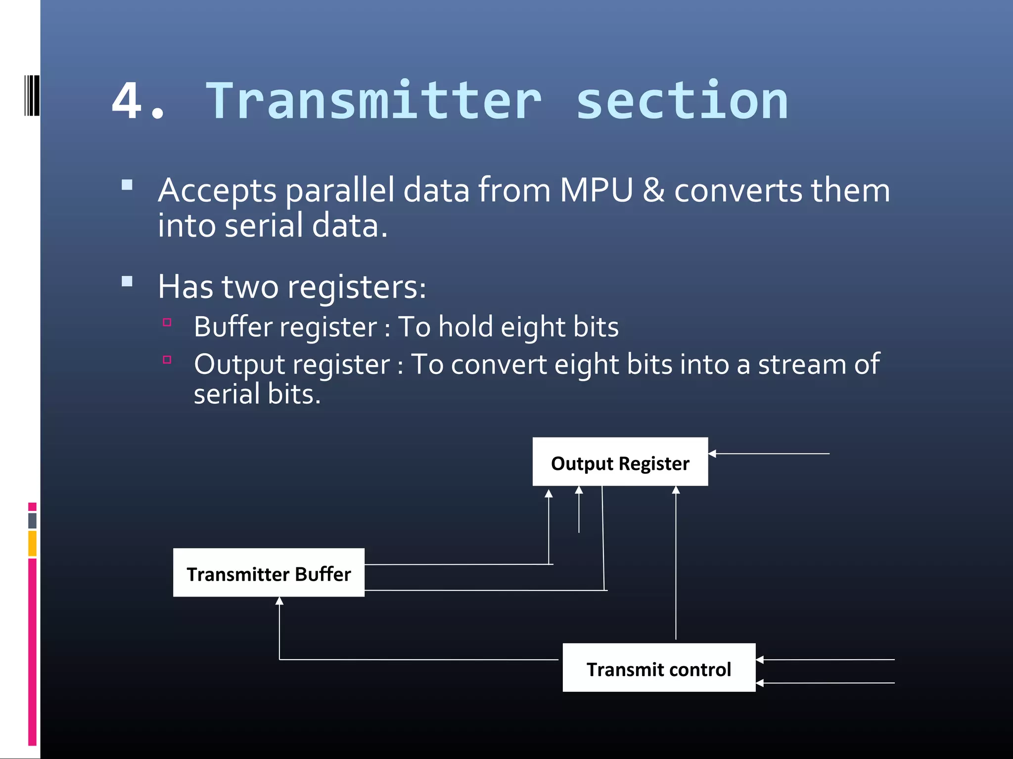 4. Transmitter section
 Accepts parallel data from MPU & converts them
into serial data.
 Has two registers:
 Buffer register : To hold eight bits
 Output register : To convert eight bits into a stream of
serial bits.
Transmit control
Output Register
Transmitter Buffer
 