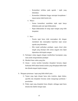 - Komunikasi terfokus pada agenda / topik yang
ditentukan.
- Komunikasi dilakukan hingga mencapai kesepakatan /
tujuan namun tidak bertele-tele.
4. Where :
- Semua komunikasi membahas topik rapat hanya
dilakukan pada saat rapat dilaksanakan.
- Rapat dilaksanakan di ruang rapat ruangan yang telah
disepakati.
5. How :
- Peserta rapat harus telah menyiapkan diri dengan
memahami dan menyiapkan keperluan rapat sesuai
agenda yang ditentukan.
- Bila terjadi perbedaan pendapat, segera dicari jalan
tengah yang disetujui oleh semua anggota atau dapat
diputuskan oleh kepala ruangan.
3) Partisipasi setiap anggota dengan memberikan kesempatan yang
sama untuk mengemukakan pendapat
4) Memberi batas waktu yang jelas
5) Aturan / norma tersebut kemudian disepakati bersama (dapat
berbentuk SOP) dalam bentuk notulen yang dilengkapi daftar hadir
dan ditanda-tangani kepala ruangan.
b. Mengatur pertemuan / rapat yang lebih efektif yaitu :
1) Tujuan yang ingin dicapai harus jelas (realistis, dapat diukur,
spesifik) dan disepakati bersama untuk mengurangi pertikaian /
perselisihan
2) Waktu rapat yang disepakati harus ditepati, sehingga rapat harus
dimulai dan diakhiri dengan tepat.
14
 