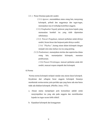 2.3. ) Peran Orientasi pada diri sendiri.
2.3.1) Agresor, merendahkan status orang lain, menyerang
kelompok, pribadi dan anggotanya dan tugas-tugas,
menunjukan rasa iri terhadap kontribusi anggota.
2.3.2) Penghambat Negatif, pelawan yang keras kepala yang
memasukan kembali isu yang telah diputuskan
sebelumnya.
2.3.3) Pencari Pengakuan, mencari perhatian untuk dirinya
sendiri, bicara besar dan berpusat pada dirinya sendiri.
2.3.4) ”Playboy”, kurang minat dalam kelompok dengan
menjadi sinis atau melucu isu-isu yang penting.
2.3.5) Pendominasi, menunjukan otoritas dan superioritas diatas
orang lain, memanipulasi kelompok, memutus
pembicaraan.
2.3.6) Pencari Pertolongan, mencari perhatian untuk diri
sendiri, mencari respon simpatik dari kelompok.
6) Norma
Norma-norma kelompok meliputi standar atau aturan dasar kelompok.
Keyakinan dari sebagian besar anggota kelompok biasanya
membentuk norma-norma yaitu perilaku apa yang harus ada atau harus
tidak ada didalam kelompok. (Pfeiffer, Jones, 1972).
a. Alasan utama mempelajari pola komunikasi adalah untuk
menyimpulkan isu yang ada pada anggota dan memfokuskan
kepada isu tugas secara lebih efektif.
b. Kepaduan kelompok dan keanggotaan
9
 