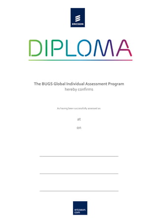 The BUGS Global Individual Assessment Program 
hereby confirms 
As having been successfully assessed as: 
at 
on 
______________________________________
______________________________________
______________________________________
Shreyas Sudarshan
Integration Engineer
Job Stage 5
20 November 2015
Lead Assessor - Nadeem Shaikh
Assessor - Gaurav Saini
Line Manager - John Kaudaissy
 
