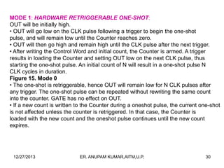MODE 1: HARDWARE RETRIGGERABLE ONE-SHOT:
OUT will be initially high.
• OUT will go low on the CLK pulse following a trigger to begin the one-shot
pulse, and will remain low until the Counter reaches zero.
• OUT will then go high and remain high until the CLK pulse after the next trigger.
• After writing the Control Word and initial count, the Counter is armed. A trigger
results in loading the Counter and setting OUT low on the next CLK pulse, thus
starting the one-shot pulse. An initial count of N will result in a one-shot pulse N
CLK cycles in duration.
Figure 15. Mode 0
• The one-shot is retriggerable, hence OUT will remain low for N CLK pulses after
any trigger. The one-shot pulse can be repeated without rewriting the same count
into the counter. GATE has no effect on OUT.
• If a new count is written to the Counter during a oneshot pulse, the current one-shot
is not affected unless the counter is retriggered. In that case, the Counter is
loaded with the new count and the oneshot pulse continues until the new count
expires.

12/27/2013

ER. ANUPAM KUMAR,AITM,U.P.

30

 