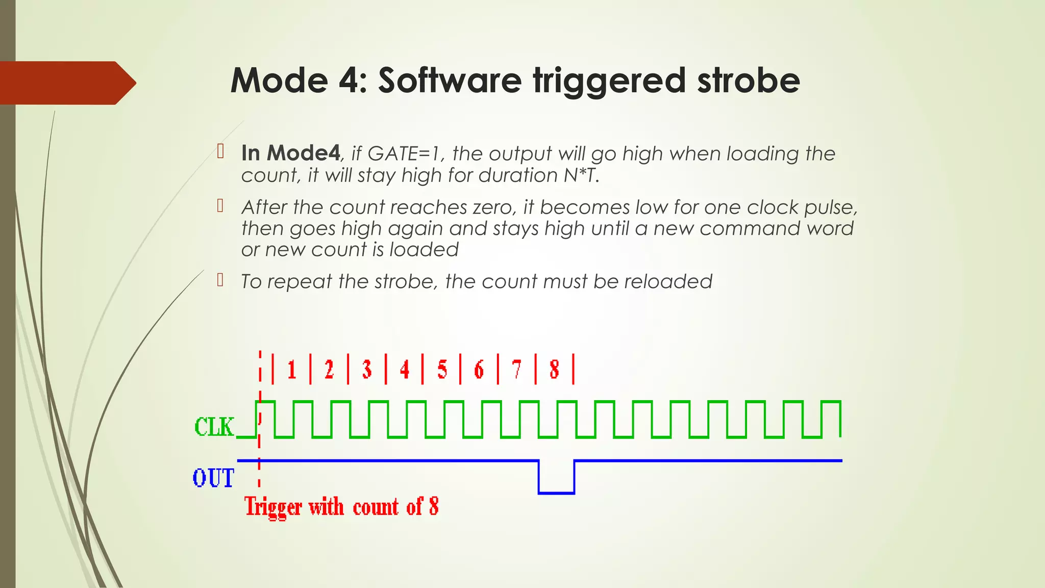 Mode 4: Software triggered strobe
 In Mode4, if GATE=1, the output will go high when loading the
count, it will stay high for duration N*T.
 After the count reaches zero, it becomes low for one clock pulse,
then goes high again and stays high until a new command word
or new count is loaded
 To repeat the strobe, the count must be reloaded
 