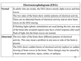 Electroencephalogram (EEG)
Normal In adults who are awake, the EEG shows mostly alpha waves and beta
waves.
The two sides of the brain show similar patterns of electrical activity.
There are no abnormal bursts of electrical activity and no slow brain
waves on the EEG tracing.
If flashing lights (photic stimulation) are used during the test, one area
of the brain (the occipital region) may have a brief response after each
flash of light, but the brain waves are normal.
Abnormal The two sides of the brain show different patterns of electrical
activity. This may mean a problem in one area or side of the brain is
present.
The EEG shows sudden bursts of electrical activity (spikes) or sudden
slowing of brain waves in the brain. These changes may be caused by
a brain tumor, infection, injury, stroke, or epilepsy.
55
 