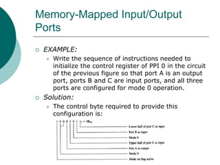 Memory-Mapped Input/Output
Ports
 EXAMPLE:
 Write the sequence of instructions needed to
initialize the control register of PPI 0 in the circuit
of the previous figure so that port A is an output
port, ports B and C are input ports, and all three
ports are configured for mode 0 operation.
 Solution:
 The control byte required to provide this
configuration is:
 