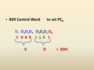 • BSR Control Word to set PC6
D7 D6D5D4 D3D2D1 D0
0 0 0 0 1 1 0 1
0 D = 0DH
 