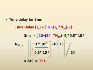 • Time delay for 3ms
Time Delay (Td) = [To +(TL *N10)-3]T
3ms = [ 10+(24 *N10) -3]*0.5* 10-6
N10 = 3 * 10-3 -10 +3
0.5* 10-6 24
= 249 = F9H
 