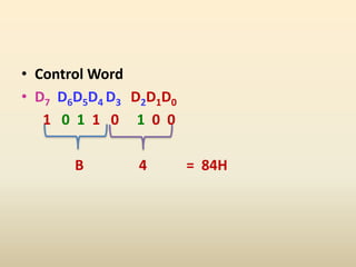 • Control Word
• D7 D6D5D4 D3 D2D1D0
1 0 1 1 0 1 0 0
B 4 = 84H
 