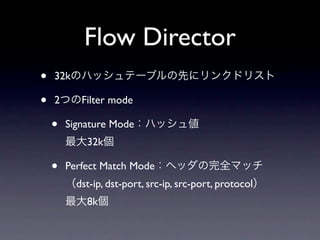 Flow Director
•   32kのハッシュテーブルの先にリンクドリスト

•   2つのFilter mode

    •   Signature Mode：ハッシュ値
        最大32k個

    •   Perfect Match Mode：ヘッダの完全マッチ
        （dst-ip, dst-port, src-ip, src-port, protocol）
        最大8k個
 