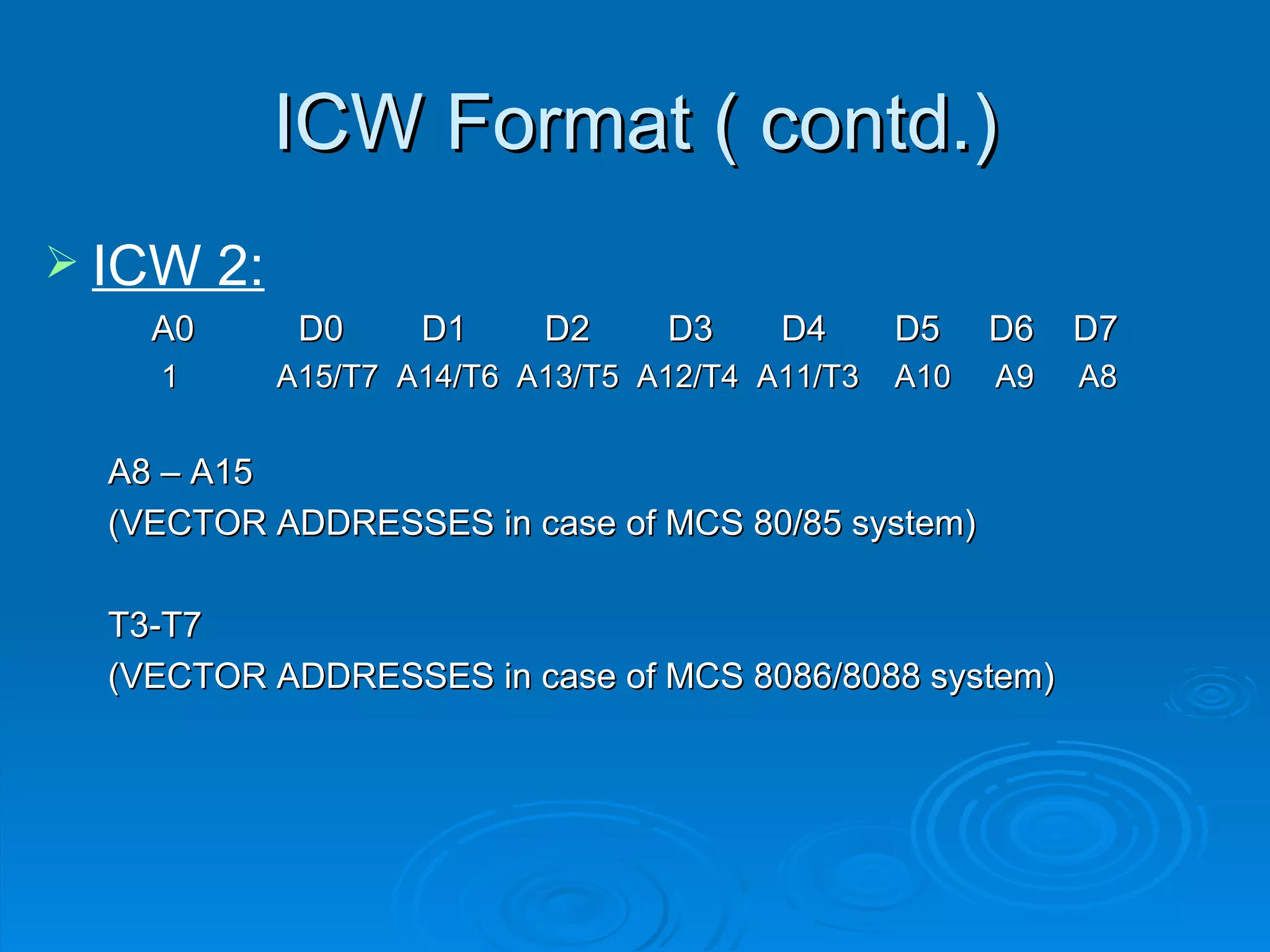 ICW Format ( contd.)
 ICW    2:
    A0         D0     D1     D2     D3     D4      D5    D6   D7
    1         A15/T7 A14/T6 A13/T5 A12/T4 A11/T3   A10   A9   A8


  A8 – A15
  (VECTOR ADDRESSES in case of MCS 80/85 system)

  T3-T7
  (VECTOR ADDRESSES in case of MCS 8086/8088 system)
 