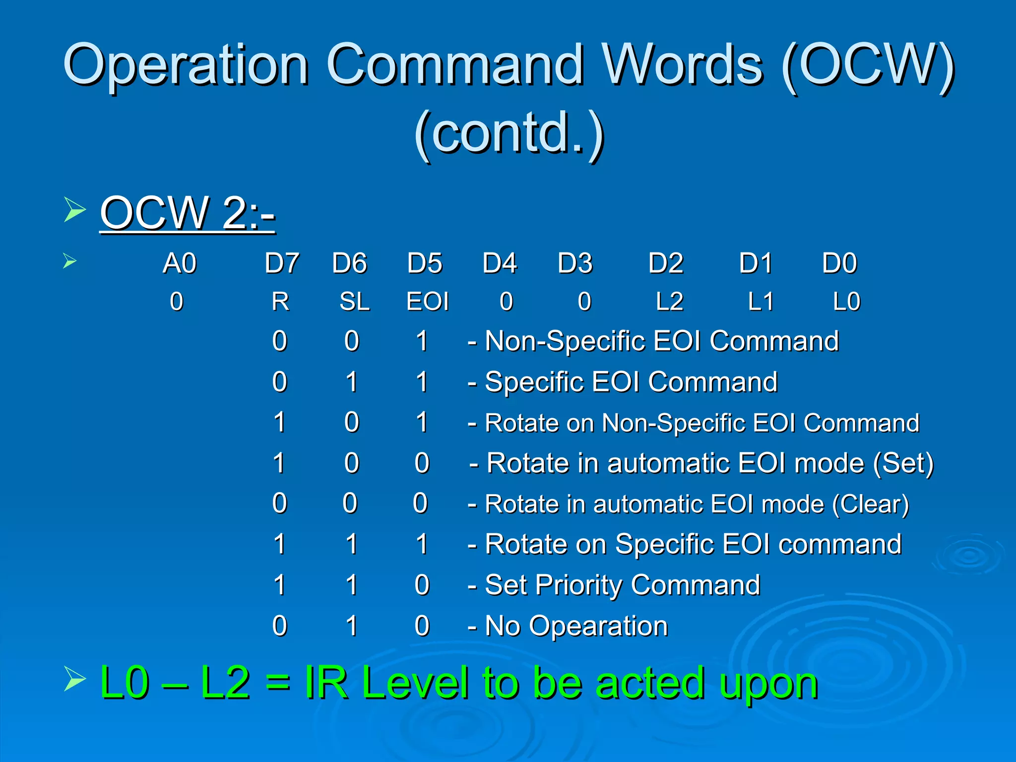 Operation Command Words (OCW)
            (contd.)
 OCW 2:-
   A0      D7   D6   D5     D4    D3     D2      D1    D0
     0      R    SL   EOI     0     0      L2     L1     L0
            0    0    1     - Non-Specific EOI Command
            0    1    1     - Specific EOI Command
            1    0    1     - Rotate on Non-Specific EOI Command
            1    0    0     - Rotate in automatic EOI mode (Set)
            0    0    0     - Rotate in automatic EOI mode (Clear)
            1    1    1     - Rotate on Specific EOI command
            1    1    0     - Set Priority Command
            0    1    0     - No Opearation

 L0 – L2   = IR Level to be acted upon
 