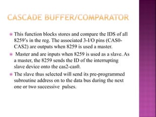  This function blocks stores and compare the IDS of all
8259’s in the reg. The associated 3-I/O pins (CAS0-
CAS2) are outputs when 8259 is used a master.
 Master and are inputs when 8259 is used as a slave. As
a master, the 8259 sends the ID of the interrupting
slave device onto the cas2-cas0.
 The slave thus selected will send its pre-programmed
subroutine address on to the data bus during the next
one or two successive pulses.
 
