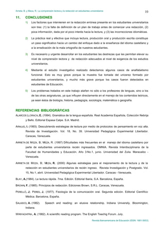 Arrieta, B. y Meza, R.: La comprensión lectora y la redacción en estudiantes universitarios
Revista Iberoamericana de Educación (ISSN: 1681-5653)
10
11. CONCLUSIONES
1) Los factores que intervienen en la redacción errónea presente en los estudiantes universitarios
son tres: (1) la falta de definición de un plan de trabajo antes de comenzar una redacción, (2)
poca información, dada por el poco interés hacia la lectura, y (3) las incorrecciones idiomáticas.
2) La práctica real y efectiva que incluya lectura, producción oral y producción escrita constituye
un paso significativo hacia un cambio del enfoque dado a la enseñanza del idioma castellano y
a la erradicación de la mala ortografía de nuestros estudiantes.
3) Es necesario y urgente desarrollar en los estudiantes las destrezas que les permitan elevar su
nivel de comprensión lectora y de redacción adecuados al nivel de exigencia de los estudios
universitarios.
4) Mediante el estudio investigativo realizado detectamos algunos casos de analfabetismo
funcional. Esto es muy grave porque la muestra fue tomada del universo formado por
estudiantes universitarios, y mucho más grave porque los casos fueron detectados en
estudiantes de Educación.
5) Los problemas tratados en este trabajo atañen no sólo a los profesores de lenguas, sino a los
de las otras asignaturas, ya que influyen directamente en el manejo de los contenidos teóricos,
ya sean éstos de biología, historia, pedagogía, sociología, matemática o geografía.
REFERENCIAS BIBLIOGRÁFICAS
ALARCOS LLORACH, E. (1994). Gramática de la lengua española. Real Academia Española, Colección Nebrija
y Bello. Editorial Espasa Calpe. S.A. Madrid.
ARAUJO, I. (1993). Descubriendo estrategias de lectura por medio de protocolos de pensamiento en voz alta.
Revista de Investigación. Vol. 18, No. 39. Universidad Pedagógica Experimental Libertador.
Caracas, Venezuela.
ARRIETA DE MEZA, B; MEZA, R. (1997) Dificultades más frecuentes en el manejo del idioma castellano por
parte de estudiantes universitarios recién ingresados. OMNIA. Revista Interdisciplinaria de la
Facultad de Humanidades y Educación. Año 3:No.1, junio. Universidad del Zulia. Maracaibo -
Venezuela.
ARRIETA DE MEZA, B; MEZA, R. (2000) Algunas estrategias para el mejoramiento de la lectura y de la
redacción en estudiantes universitarios de recién ingreso. Revista Investigación y Postgrado. Vol.
15, No.1, abril. Universidad Pedagógica Experimental Libertador. Caracas - Venezuela.
BLAY, A.(1984). La lectura rápida. 7ma. Edición. Editorial Iberia, S.A. Barcelona, España.
BROWN, F. (1985). Principios de redacción. Ediciones Brown, S.R.L. Caracas, Venezuela.
PERELLÓ, J; PERES, J. (1977). Fisiología de la comunicación oral. Segunda edición. Editorial Científico
Médica. Barcelona, España.
SALASCO, A. (1982). Speech and reading: an elusive relationship. Indiana University. Bloomington,
Indiana.
WIRIYACHITRA, A. (1982). A scientific reading program. The English Teachig Forum. July.
 