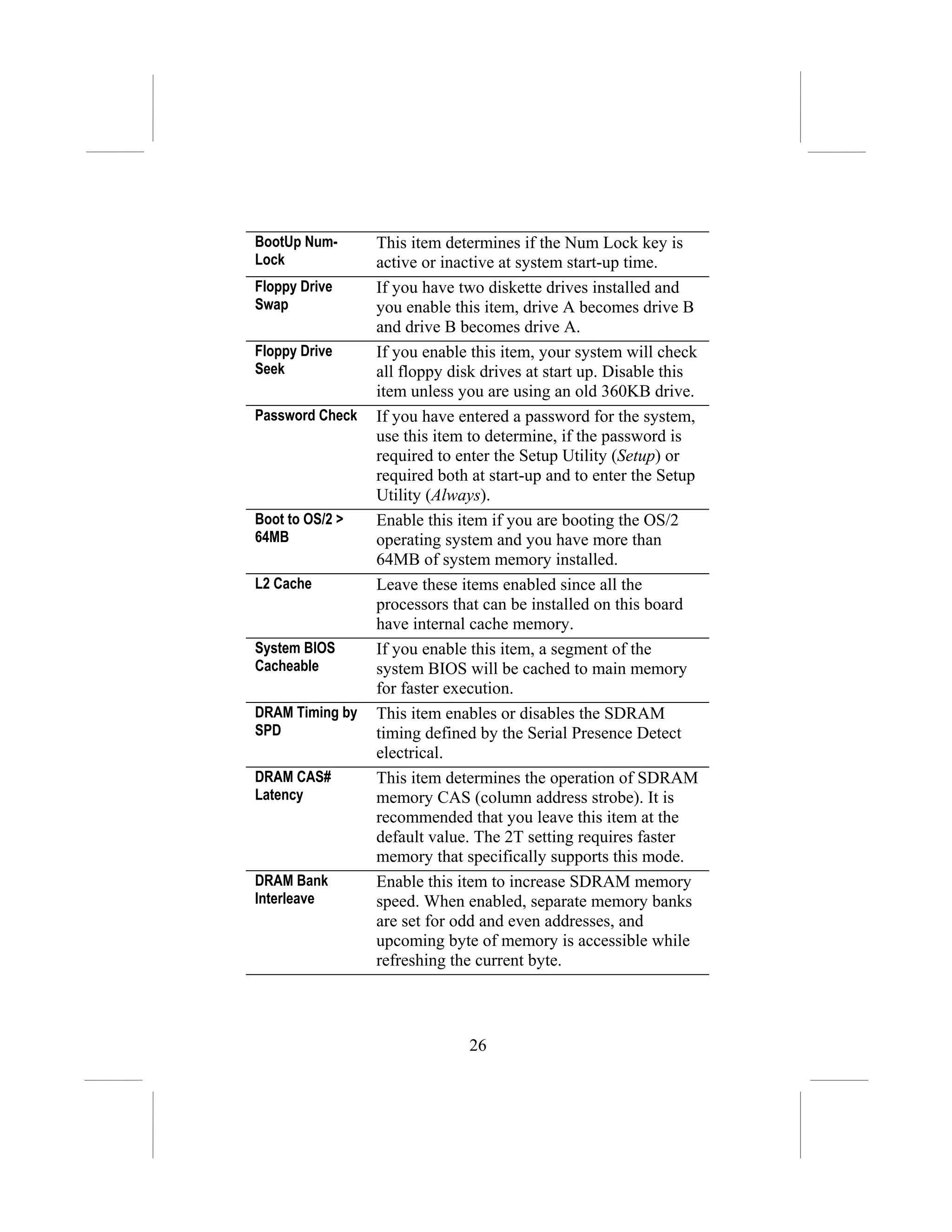 BootUp Num-      This item determines if the Num Lock key is
Lock             active or inactive at system start-up time.
Floppy Drive     If you have two diskette drives installed and
Swap             you enable this item, drive A becomes drive B
                 and drive B becomes drive A.
Floppy Drive     If you enable this item, your system will check
Seek             all floppy disk drives at start up. Disable this
                 item unless you are using an old 360KB drive.
Password Check   If you have entered a password for the system,
                 use this item to determine, if the password is
                 required to enter the Setup Utility (Setup) or
                 required both at start-up and to enter the Setup
                 Utility (Always).
Boot to OS/2 >   Enable this item if you are booting the OS/2
64MB             operating system and you have more than
                 64MB of system memory installed.
L2 Cache         Leave these items enabled since all the
                 processors that can be installed on this board
                 have internal cache memory.
System BIOS      If you enable this item, a segment of the
Cacheable        system BIOS will be cached to main memory
                 for faster execution.
DRAM Timing by   This item enables or disables the SDRAM
SPD              timing defined by the Serial Presence Detect
                 electrical.
DRAM CAS#        This item determines the operation of SDRAM
Latency          memory CAS (column address strobe). It is
                 recommended that you leave this item at the
                 default value. The 2T setting requires faster
                 memory that specifically supports this mode.
DRAM Bank        Enable this item to increase SDRAM memory
Interleave       speed. When enabled, separate memory banks
                 are set for odd and even addresses, and
                 upcoming byte of memory is accessible while
                 refreshing the current byte.



                              26
 