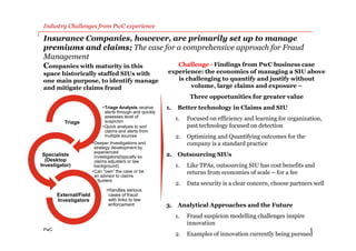 PwC
Insurance Companies, however, are primarily set up to manage
premiums and claims; The case for a comprehensive approach for Fraud
Management
Companies with maturity in this
space historically staffed SIUs with
one main purpose, to identify manage
and mitigate claims fraud
5
Challenge - Findings from PwC business case
experience: the economics of managing a SIU above
is challenging to quantify and justify without
volume, large claims and exposure –
Three opportunities for greater value
1. Better technology in Claims and SIU
1. Focused on efficiency and learning for organization,
past technology focused on detection
2. Optimizing and Quantifying outcomes for the
company is a standard practice
2. Outsourcing SIUs
1. Like TPAs, outsourcing SIU has cost benefits and
returns from economies of scale – for a fee
2. Data security is a clear concern, choose partners well
3. Analytical Approaches and the Future
1. Fraud suspicion modelling challenges inspire
innovation
2. Examples of innovation currently being pursued
Industry Challenges from PwC experience
•Triage Analysts receive
alerts through and quickly
assesses level of
suspicion
•Quick analysis to sort
claims and alerts from
multiple sources
Triage
•Deeper Investigations and
strategy development by
experienced
investigators(typically ex
claims adjusters or law
background)
•Can “own” the case or be
an advisor to claims
adjusters
Specialists
(Desktop
Investigator)
•Handles serious
cases of fraud
with links to law
enforcement
External/Field
Investigators
 